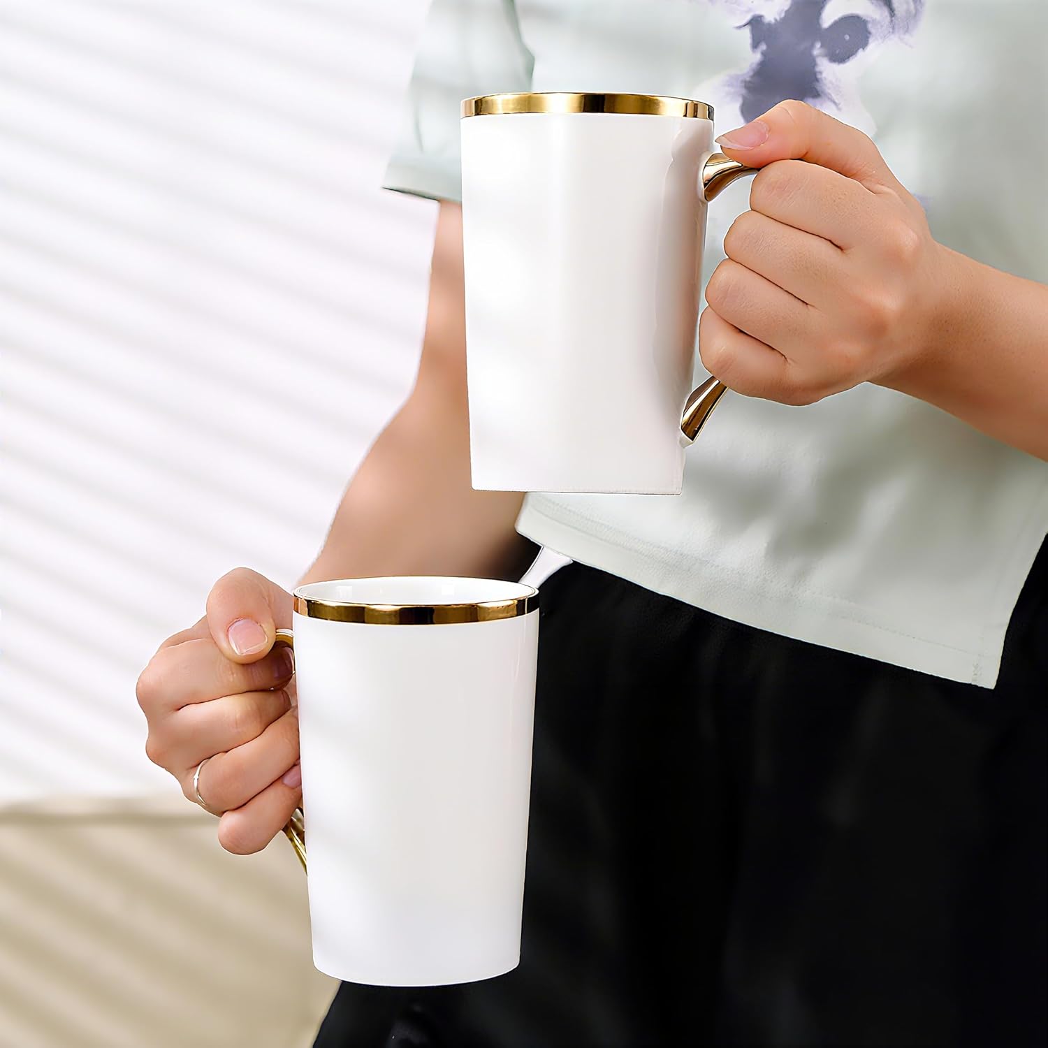 Porcelain Coffee Mugs Set of 6 - White and Gold with Gold Handle, 12 Oz Luxury Cup Set, Dishwasher Safe, Elegant Gift - Image 4