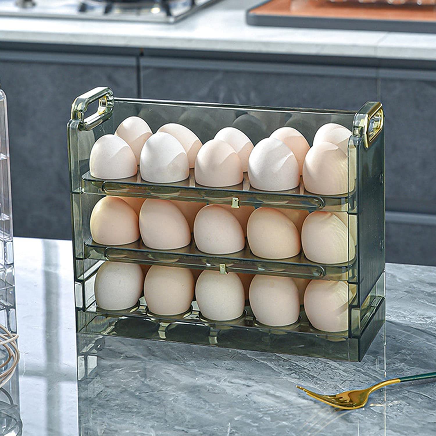 Acrylic Egg Holder For Refrigerator Door,Egg Storage Box Creative Flip Box,3-Layer Flip Fridge Egg Tray Container,Reusable Versatile Clear Tray 30 Grid (Green) Rectangular