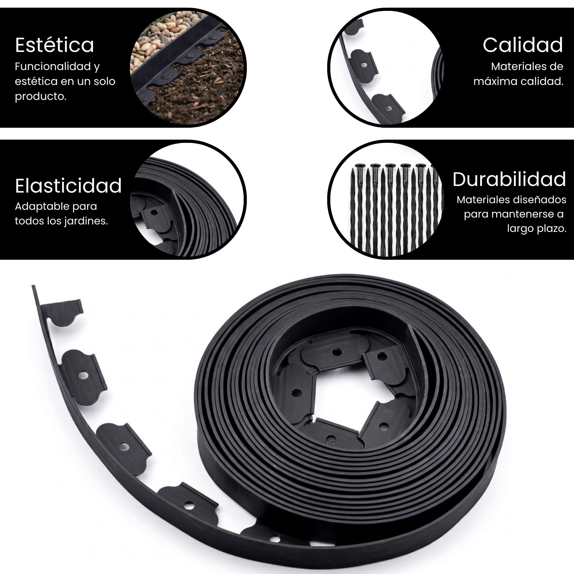 Ediesi, Bordura Jardín Exterior, 10 m, Flexible, Borde plástico Resistente 5 mm, borduras para delimitador césped, Caminos fácil instalación con 30 Piquetas (Negro, 10 Metros) — view 2