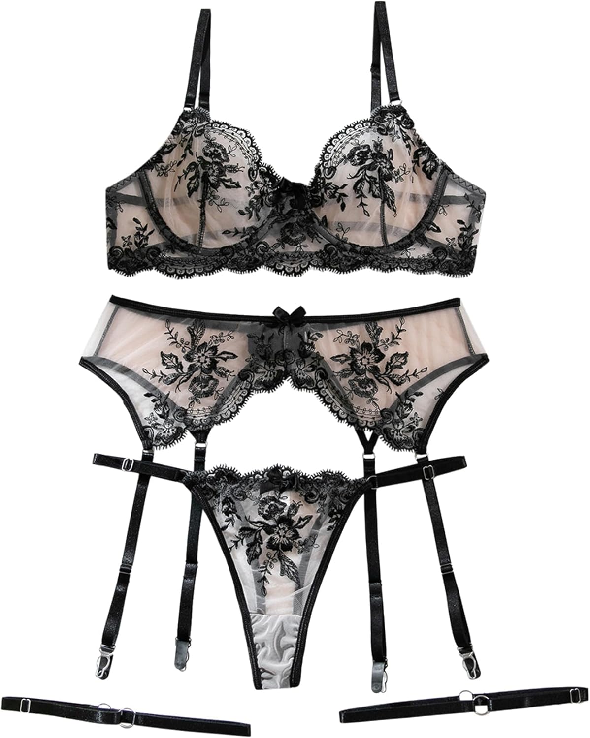 Lilosy Sexy Floral Embroidery Mesh Sheer Underwire Push Up Garter Belt Lingerie Set 3 Piece - Image 6