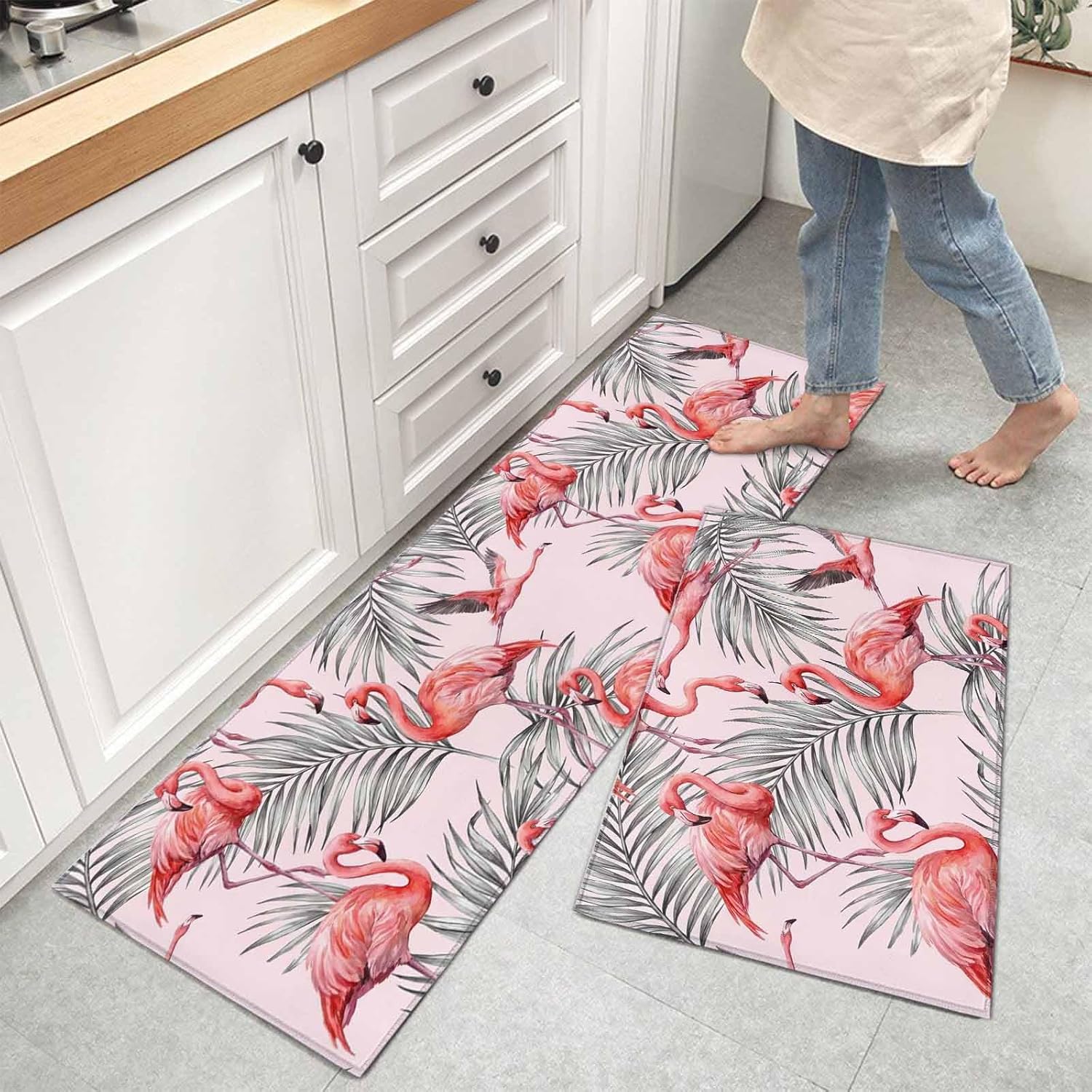 Kitchen Mats for Floor Summer Flamingos Palm Leaf Washable Non Slip Kitchen Rugs 2PCS, Tropical Animal Plant on Pink Absorbent Standing Mats for Sink Office Living Room 15.7x23.6in+15.7x47.2in