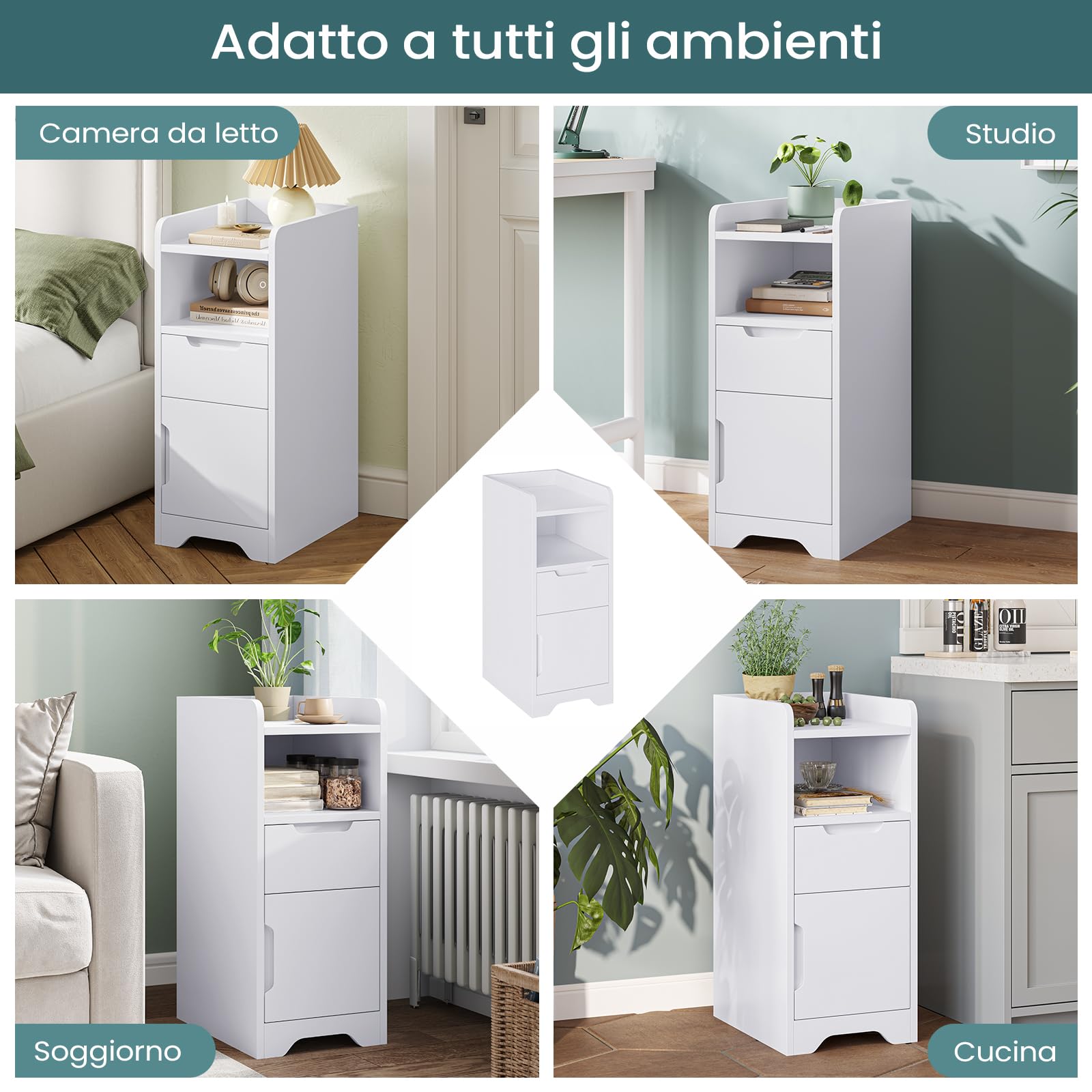 Brinlawb Comodino stretto, comodino con 1 scomparto aperto, 1 cassetto e 1 armadio con anta, tavolino sottile per soggiorno, camera da letto, perfetto per piccoli angoli, bianco