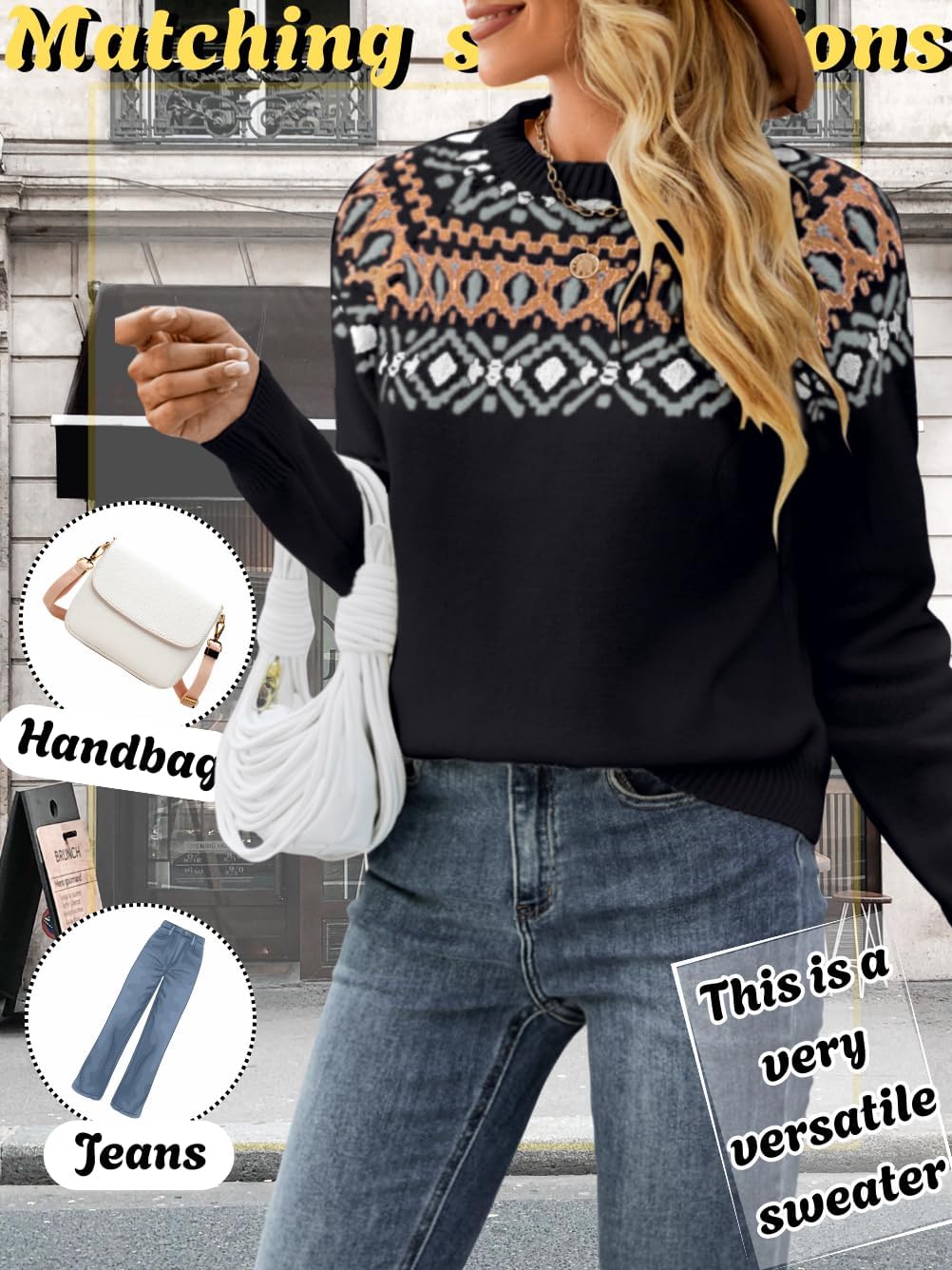 Fair Isle Pullover Sweaters, Crew Neck Chunky Knit, Winter Clothing Holiday, Vintage Crochet Fall Tops for Women - Image 5