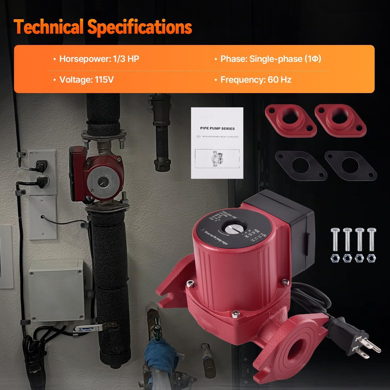 UPS43-100F, 95906636 Water Circulator Pump, 115V 1/3HP Used for Radiant Heating, Hydronic Heating, Fan Coil, Solar, and Hot Water Systems, Cast Iron Body High Efficiency and Quiet