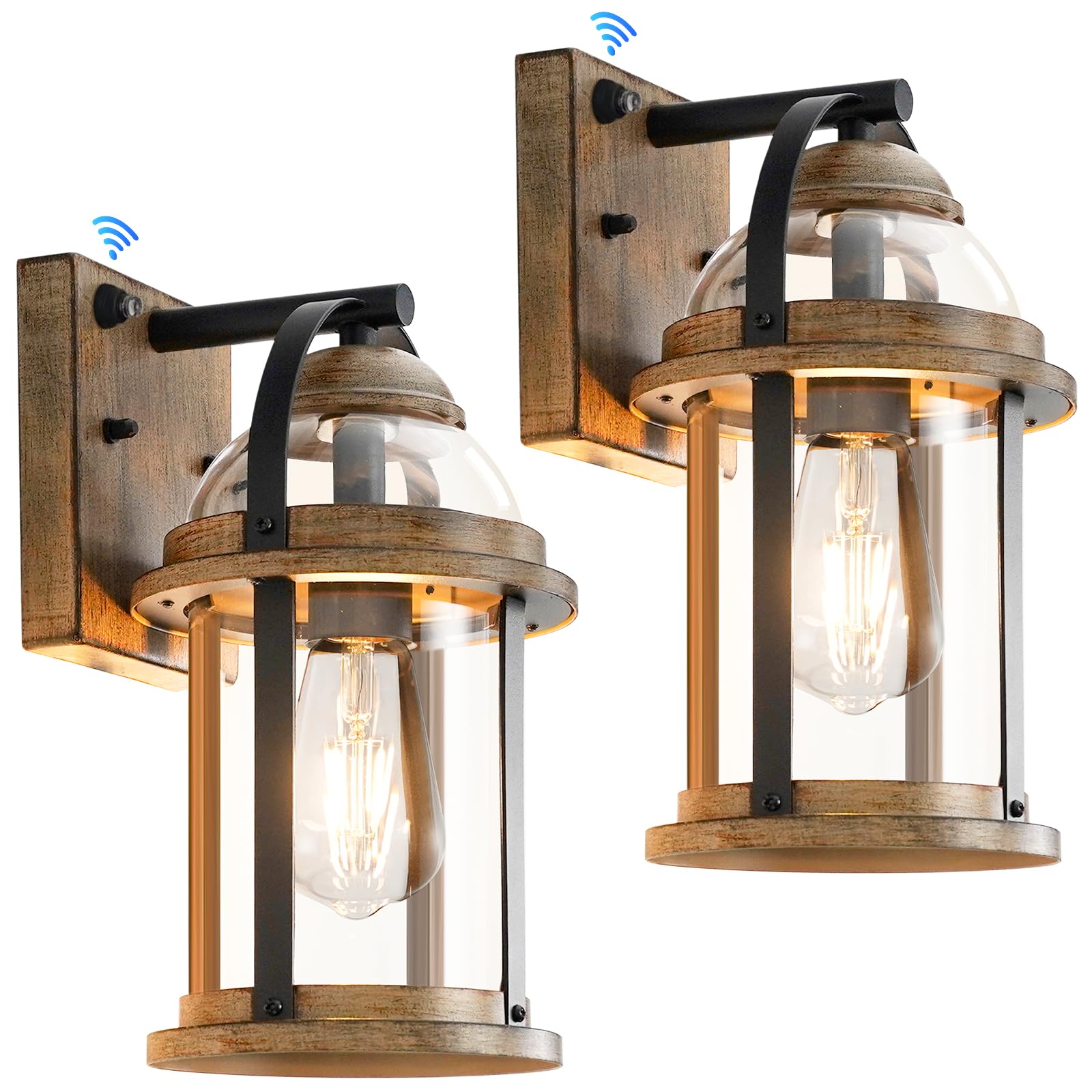 Photo 1 of OKELI Dusk to Dawn Outdoor Wall Lights, Waterproof Lighting Fixtures Rustic Farmhouse Wall Lanterns with Clear Glass Shades Anti-Rust Outside Lights for Garage Patio Porch(Wood Grain, 2 Pack)