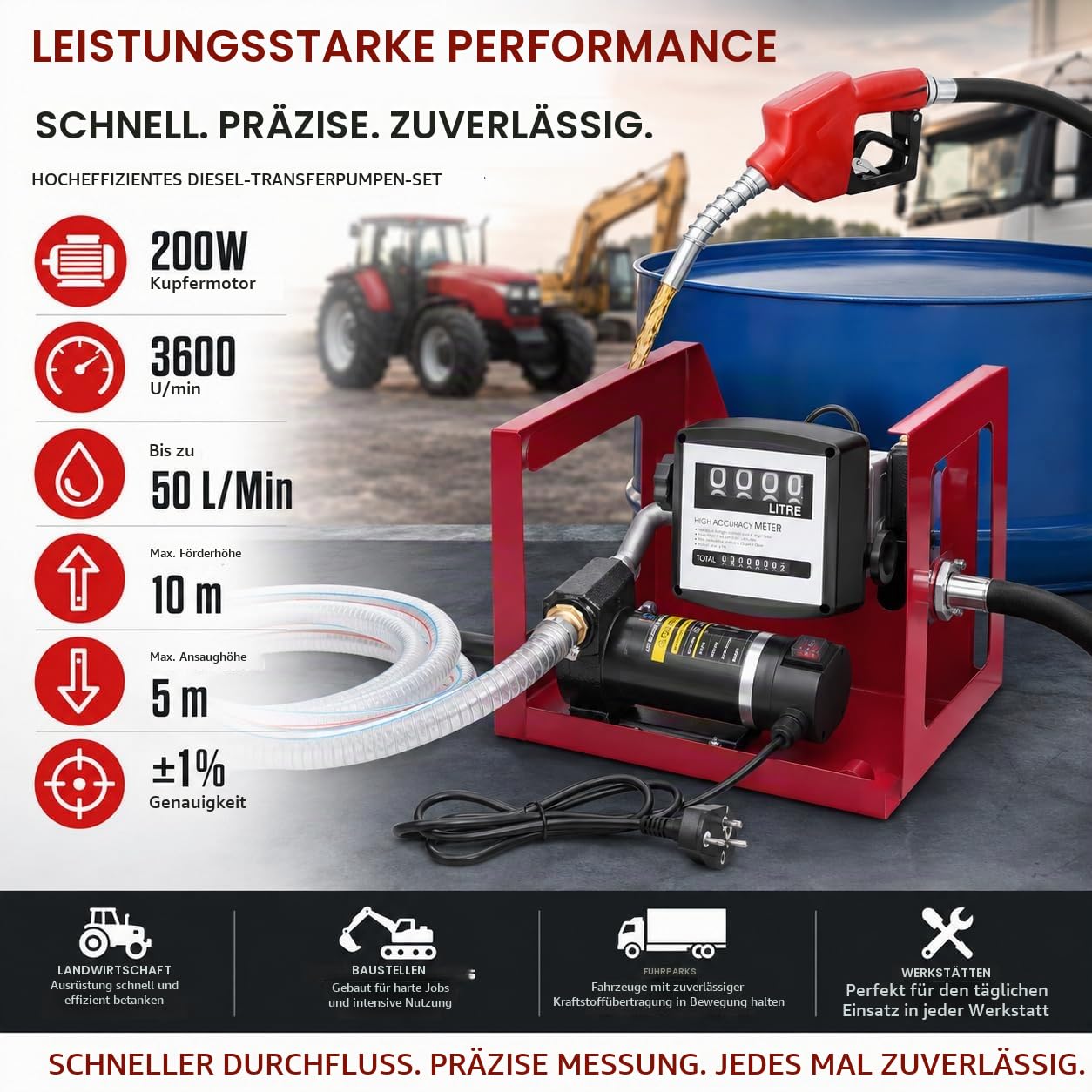 Dieselpumpe, 230V, Heizölpumpe Premium Kraftstoffpumpe, selbstansaugende Ölpumpe, mobile Tankstellen, mit Schläuchen und Zapfpistole, Griff Hof Tankstelle Tankanlage Diesel Heizöl Pumpe