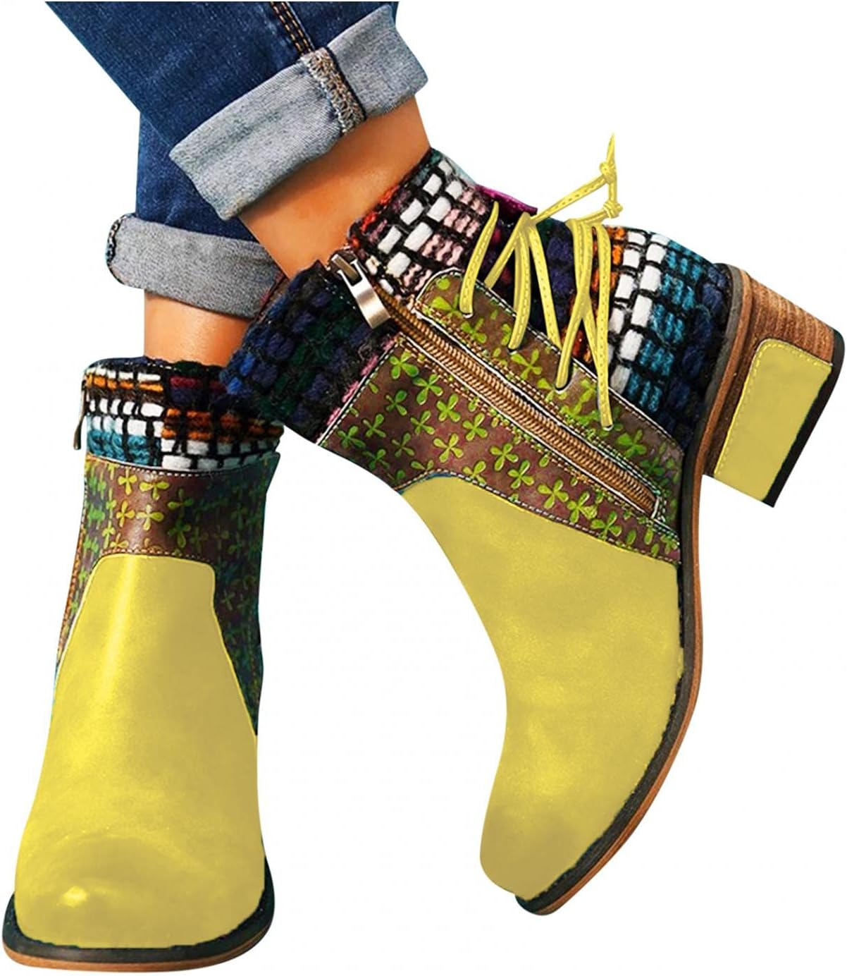 Hbeylia Vintage Boots For Women Ethnic Boho Leather Round Toe Lace Up Chunky Block Mid Heels Ankle Booties Bohemian Retro Steel Toe Dress Mid Calf Short Boots With Side Zipper For Ladies