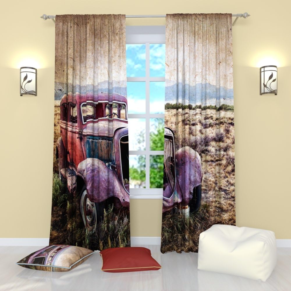 Factory4me Cars and Motorcycles Window Curtains Old car. Window Curtain Set of 2 Panels Each W52 x L96 Total W104 x L96 inches Drapes for Living Room Bedroom Kitchen