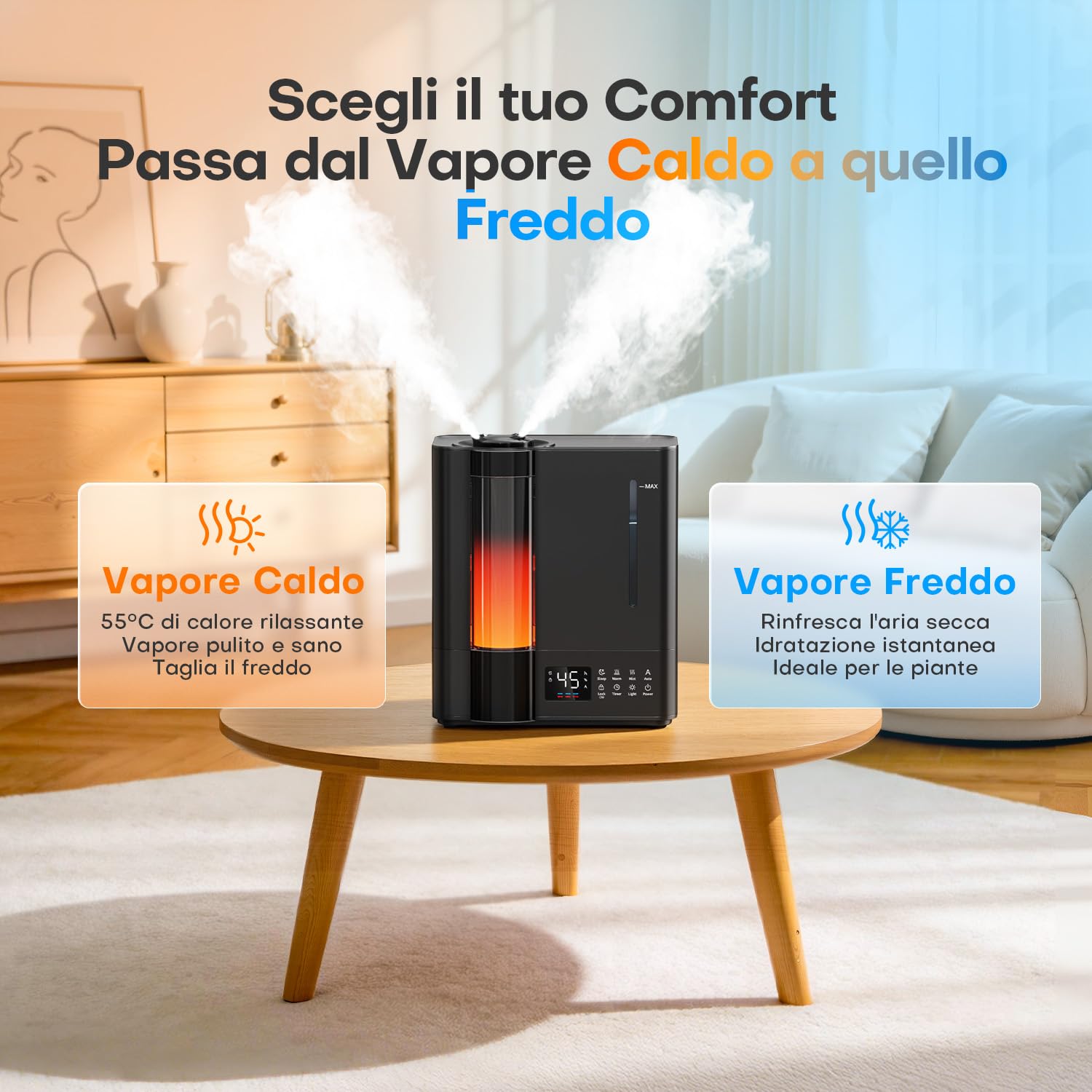 AROEVE 8L Umidificatore Ambiente, Umidificatore Nebbia Calda & Fredda per Ambienti Grandi, Caricamento dall'Alto, Diffusore Aromi, Sensore Umidità, 60H/22dB Silenzioso per Bambini Stanza Bimbi Piante
