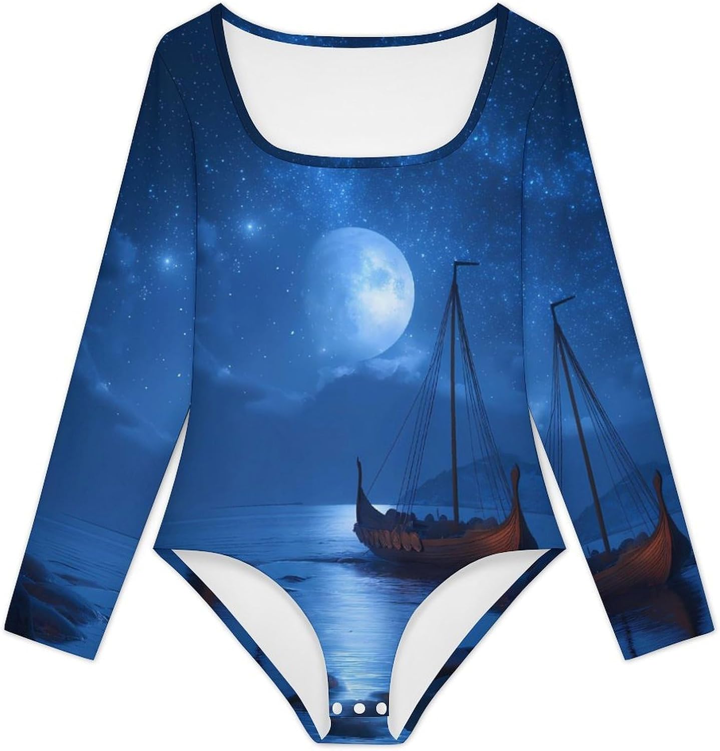 Viking Ship Moon Seascape Women's Bodysuits Long Sleeve Top 5XL