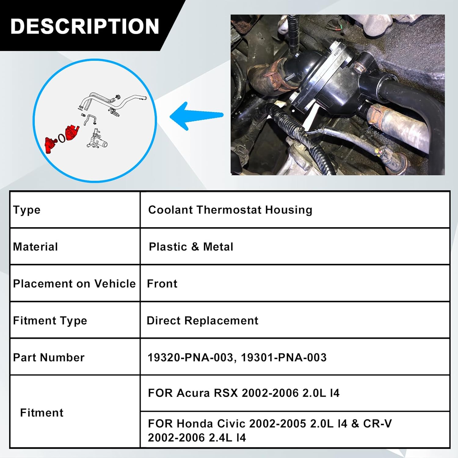 SecosAutoparts Coolant Thermostat Housing, Fit for Honda Civic 2002-2005 2.0L, CR-V 2002-2006 2.4L, Fit for Acura RSX 2002-2006 2.0L l4, Replace# 19320-PNA-003, 19301-PNA-003