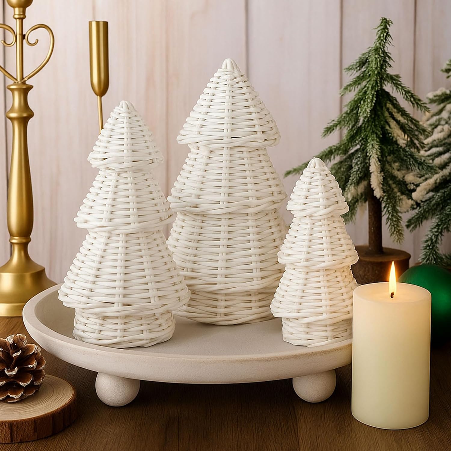 3 Pcs Morden Christmas Decor Gift Rattan Wicker Christmas Cone Tree Neutral Xmas Tabletop Centerpiece for Mantel Fireplace Home Tiered Tray Holiday Party Decor, 3 Sizes(White)