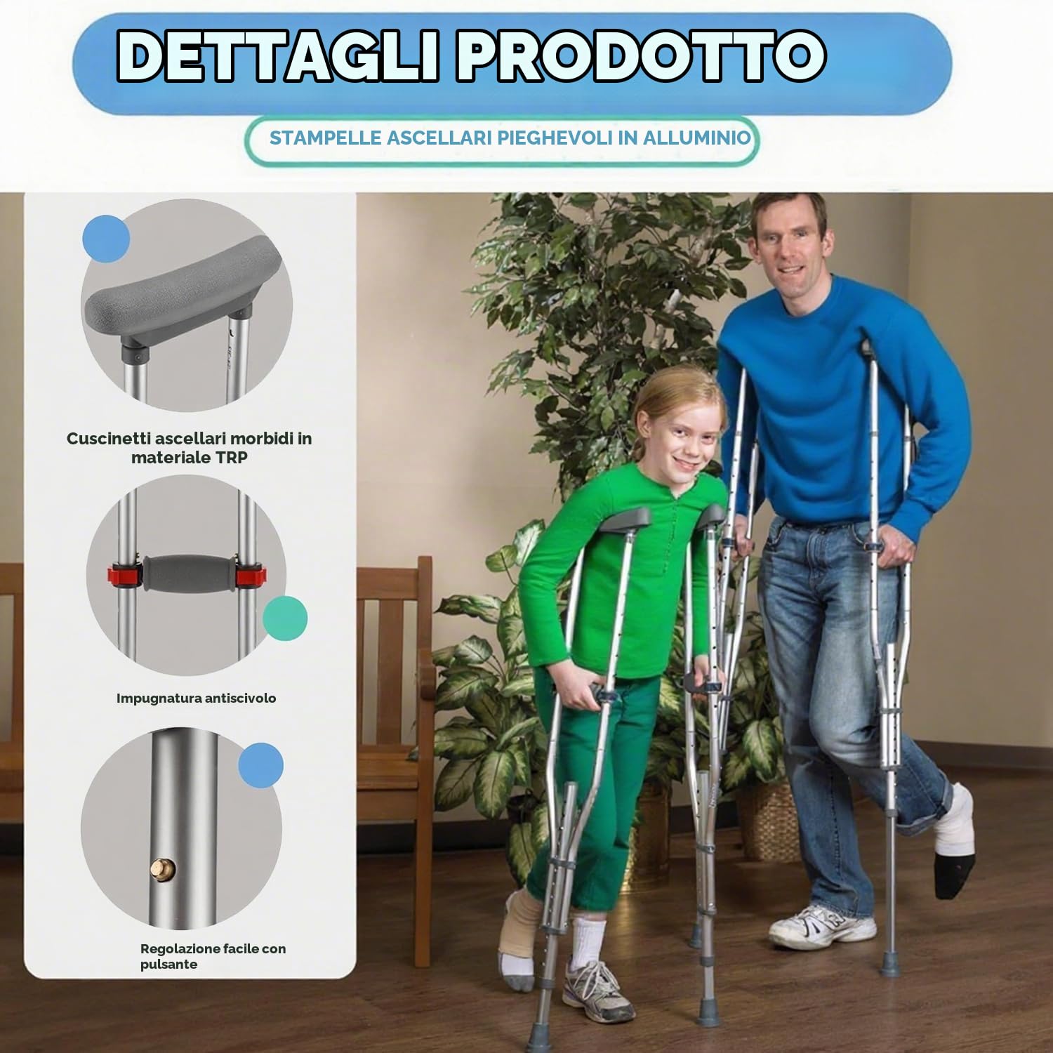 Stampelle Ascellari Regolabili | Stampella in Alluminio Antiscivolo | Supporto fino a 150kg, Regolazione Altezza Semplice | Stampelle per Anziani e Riabilitazione