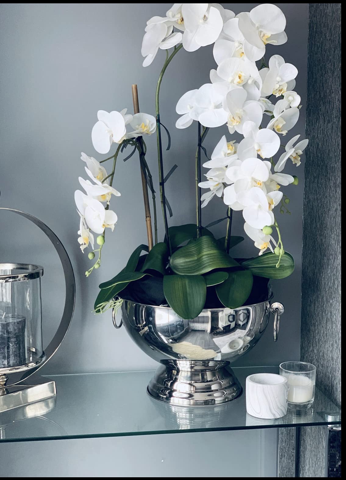 Orchidée au toucher réaliste XXL en bol argenté : l'excellence de la décoration haut de gamme