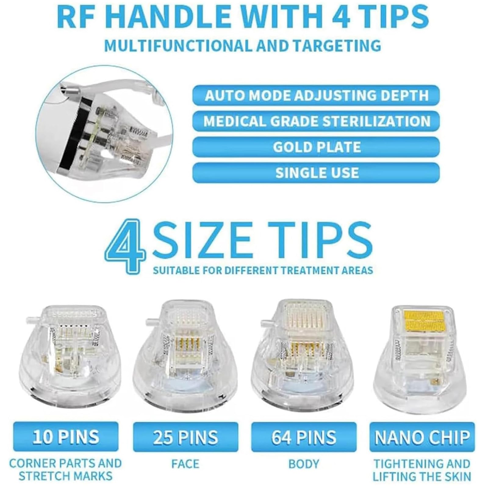 Máquina de Microagujas RF Fraccional, Máquina de Microagujas de Radiofrecuencia Reparación de Cicatrices Rejuvenecimiento de la Piel para Ojos con 4 Cabezales y 2 Mango