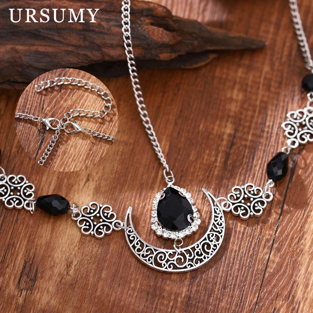 Ursumy Halloween Head Chain Boho Moon Forehead Chain Vintage Crystal Head Chain Festival Costume Hair Accessories for Women (Black-1, one size) image 4