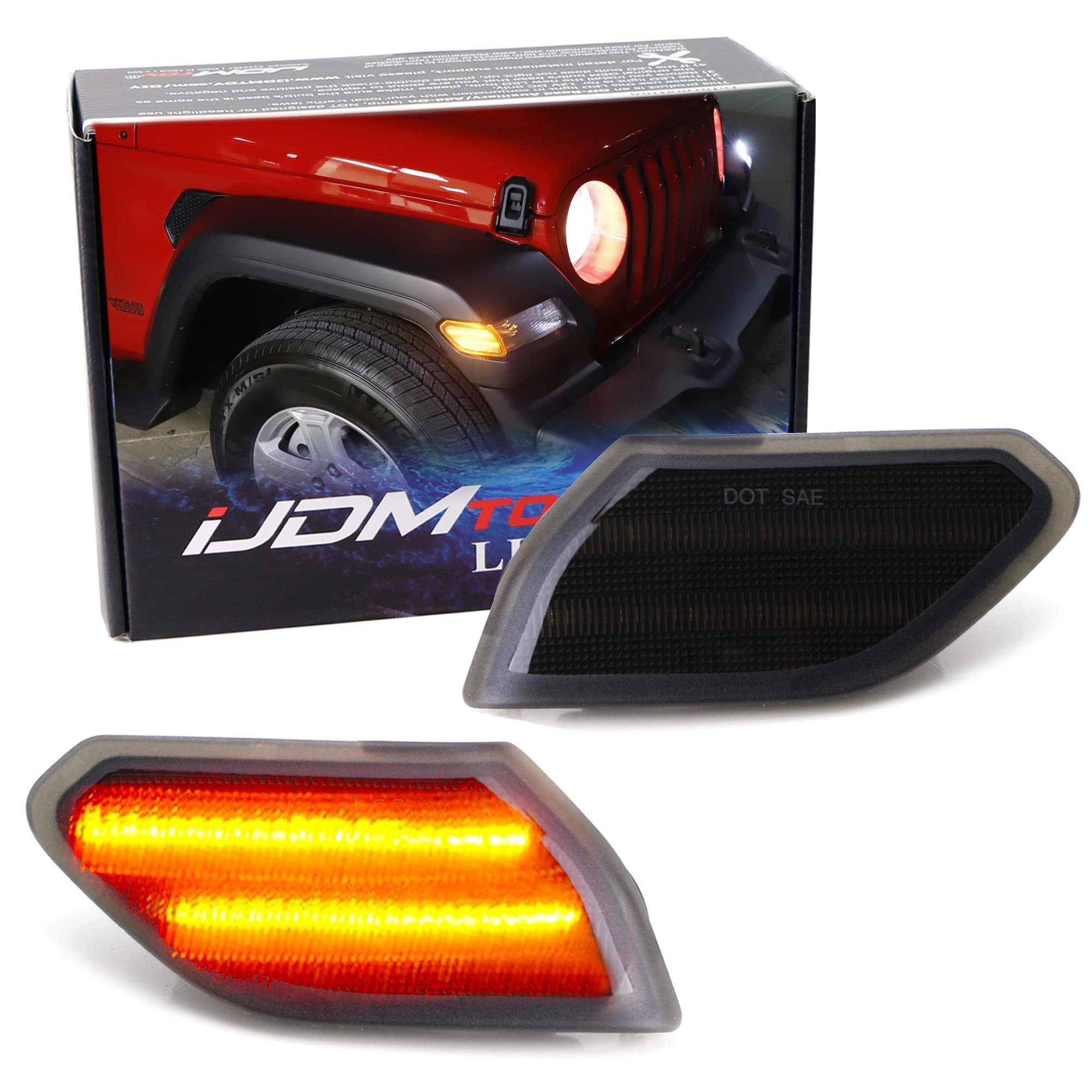 iJDMTOY Dark Smoked Lens Amber Full LED Side Marker Light Kit Compatible With Jeep 2018-up Wrangler JL, 2020-up Gladiator, Powered by 27-Diode LED,