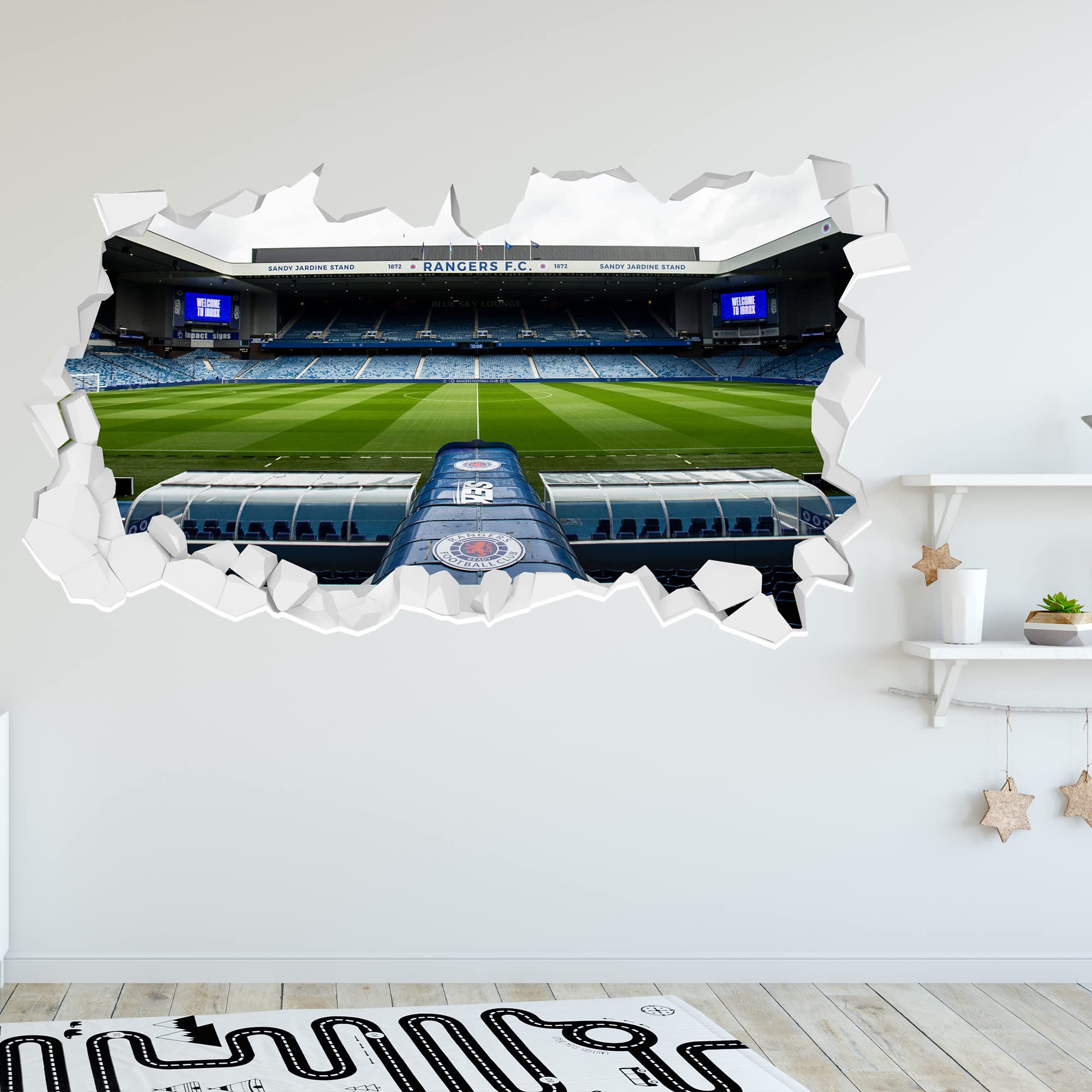 Themed Blue Rangers Wall Sticker - Sandy Jardine Stand Stadium Broken Wall Football Art (60Cm Width X 35Cm Height)