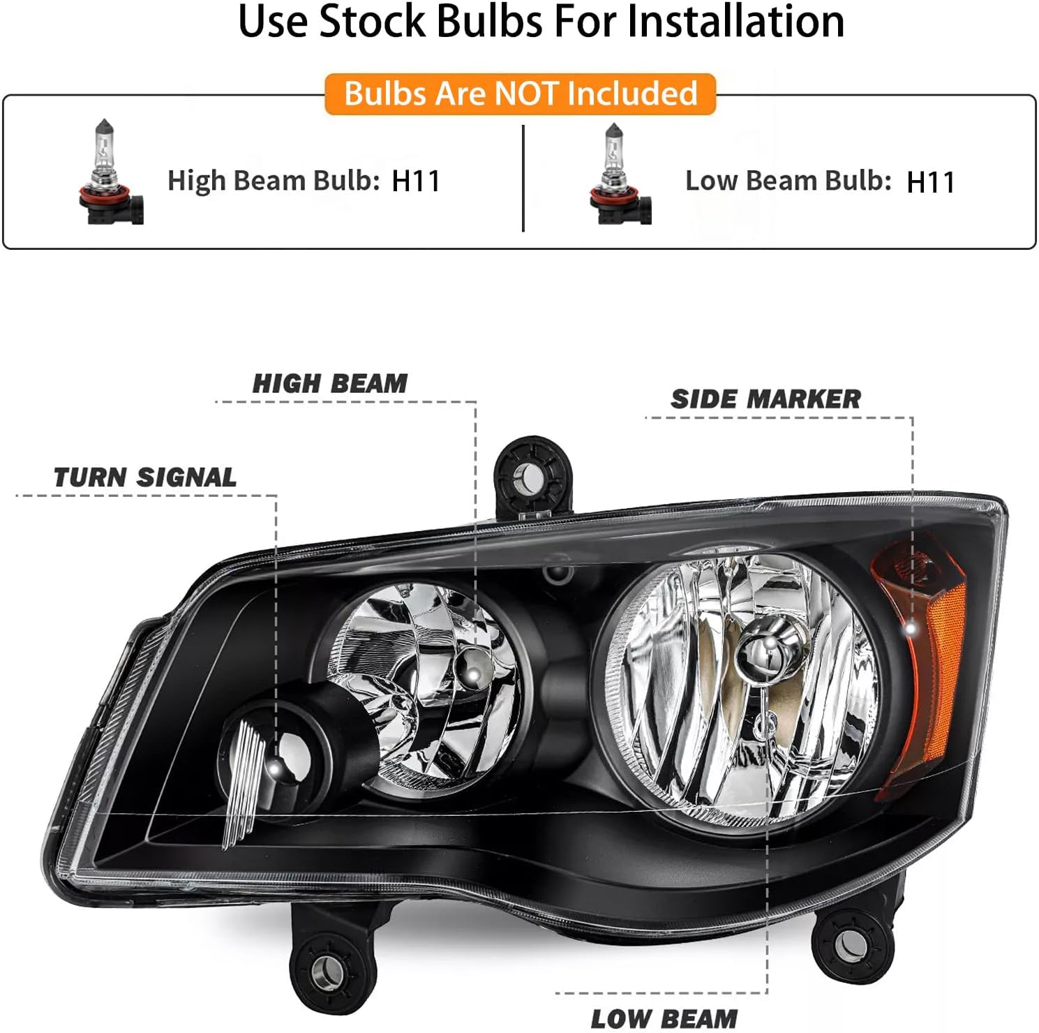 Pair Headlights Assembly Set For 2008 2009-2013 2014 2015 2016 Chrysler Town & Country Minivans For dodge 2011 2012-2019 2020 Grand Caravan Replacment Headlamps Matte Black Housing Clear Lens(LH&RH)