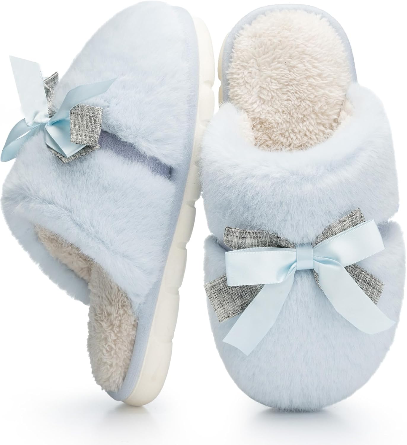 GOEWY Cute Women's Memory Foam House Slippers - Fuzzy Plush Faux Fur Slippers with Bow Butterfly Tie - Anti-Skid Indoor/Outdoor Gifts for Women, Moms & Ladies