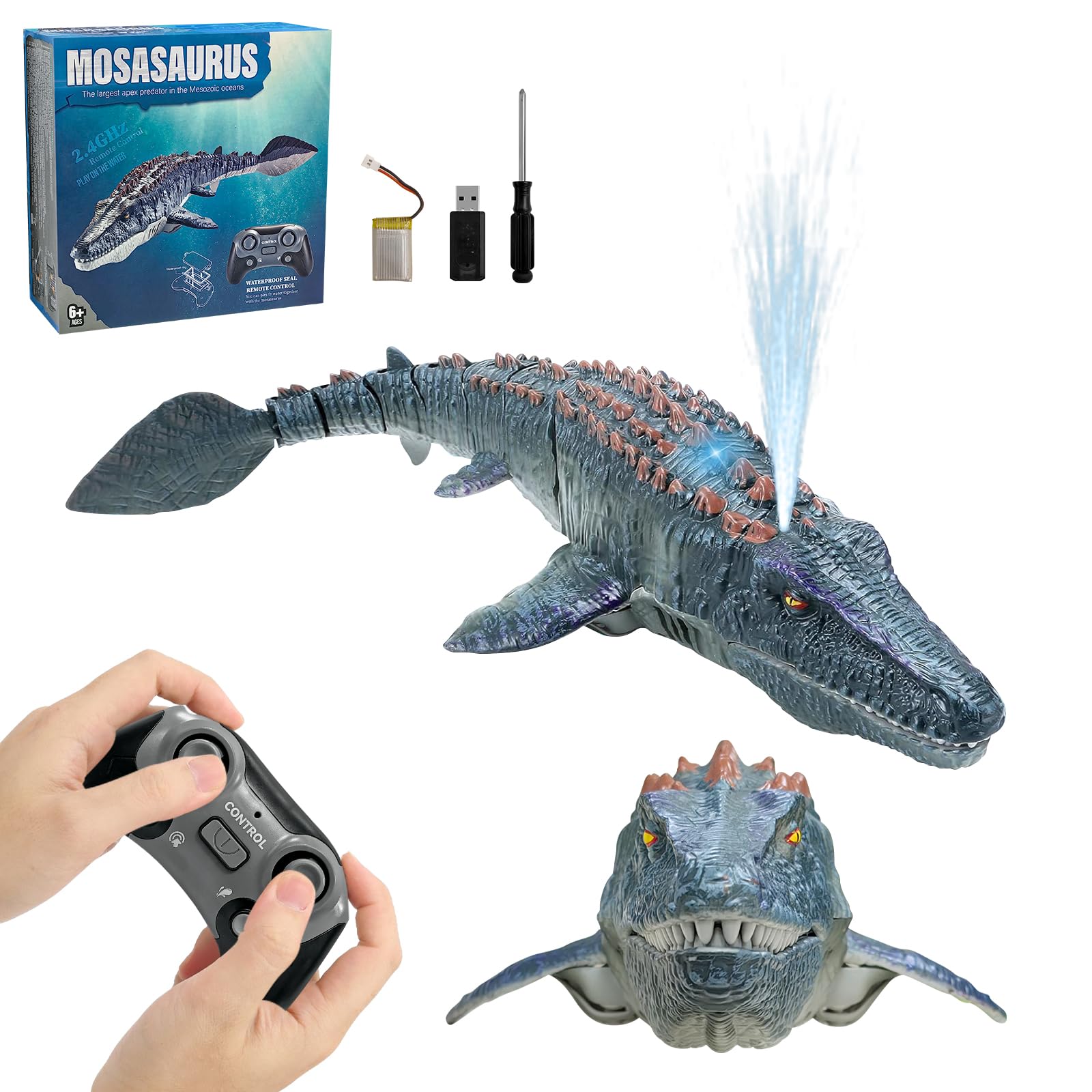 Barcos Teledirigido RC Mosasauru, 2.4GHz Impermeable Juguete del Mosasaurio De Agua con Agua pulverizadora, Dinosaurio Teledirigido Agua, Regalo para Niños Piscina, Lago, Baño (Gris)