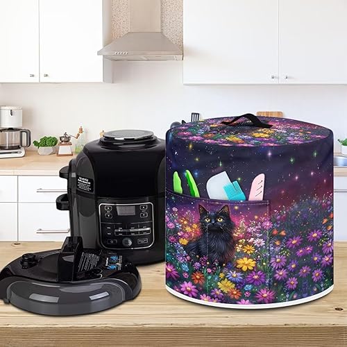 Miniatura 3 de Xoenoiee Cubierta para olla a presión con patrón de gato negro y margaritas coloridas, cubierta para electrodomésticos de cocina con bolsillos para