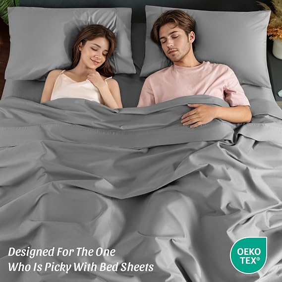 100% Egyptian Cotton Sheets 1200 Thread Count King Size 4 Pcs Bedding Sets Fitted Sheet Up to 16 Deep Soft Breathable (King, Grey)