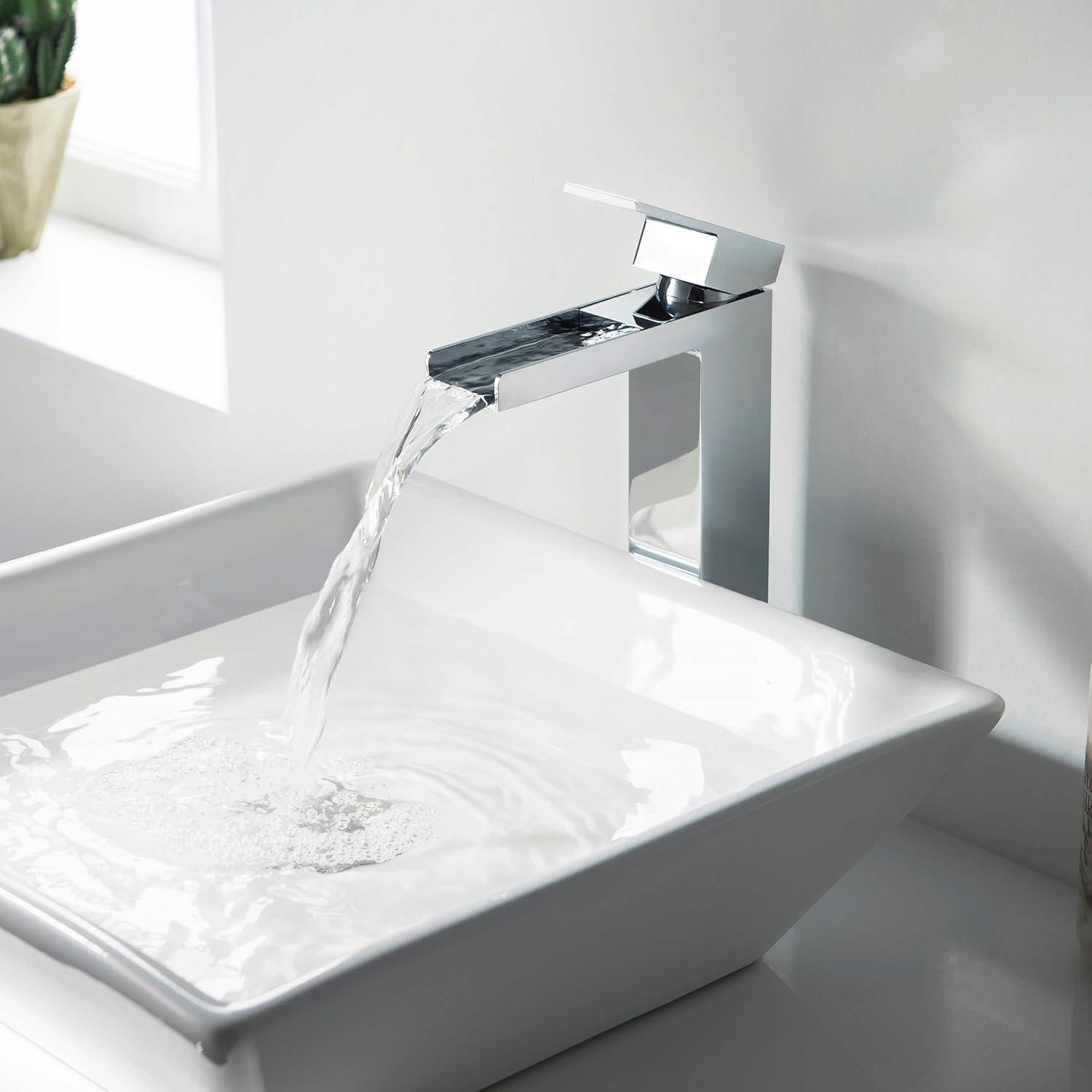KIBI Waterfall Bathroom Sink Faucet | Single Handle Brass Vanity Faucet with Water Supply Hose | Durable Brass Construction and Smooth Water Flow | Chrome Finish, KBF1005 (Pop Up Drain Included)