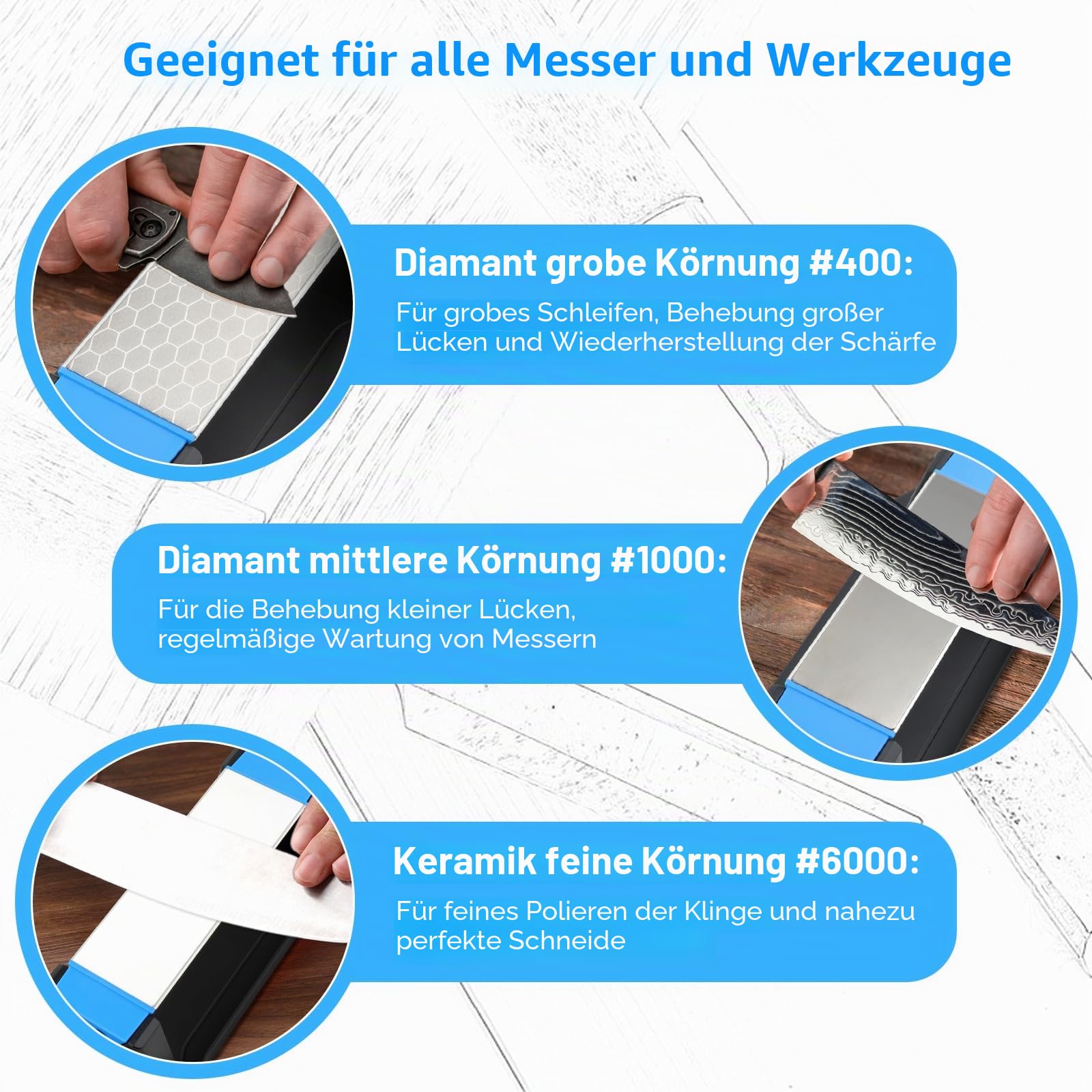 KITANIS Diamant-Schleifstein, 3-seitig, Körnung 400/1000/6000, hochwertiger industrieller Diamant- und Keramik-Schleifstein, Messerschärfer, Stein mit Kantengriffhalter und rutschfester Unterseite