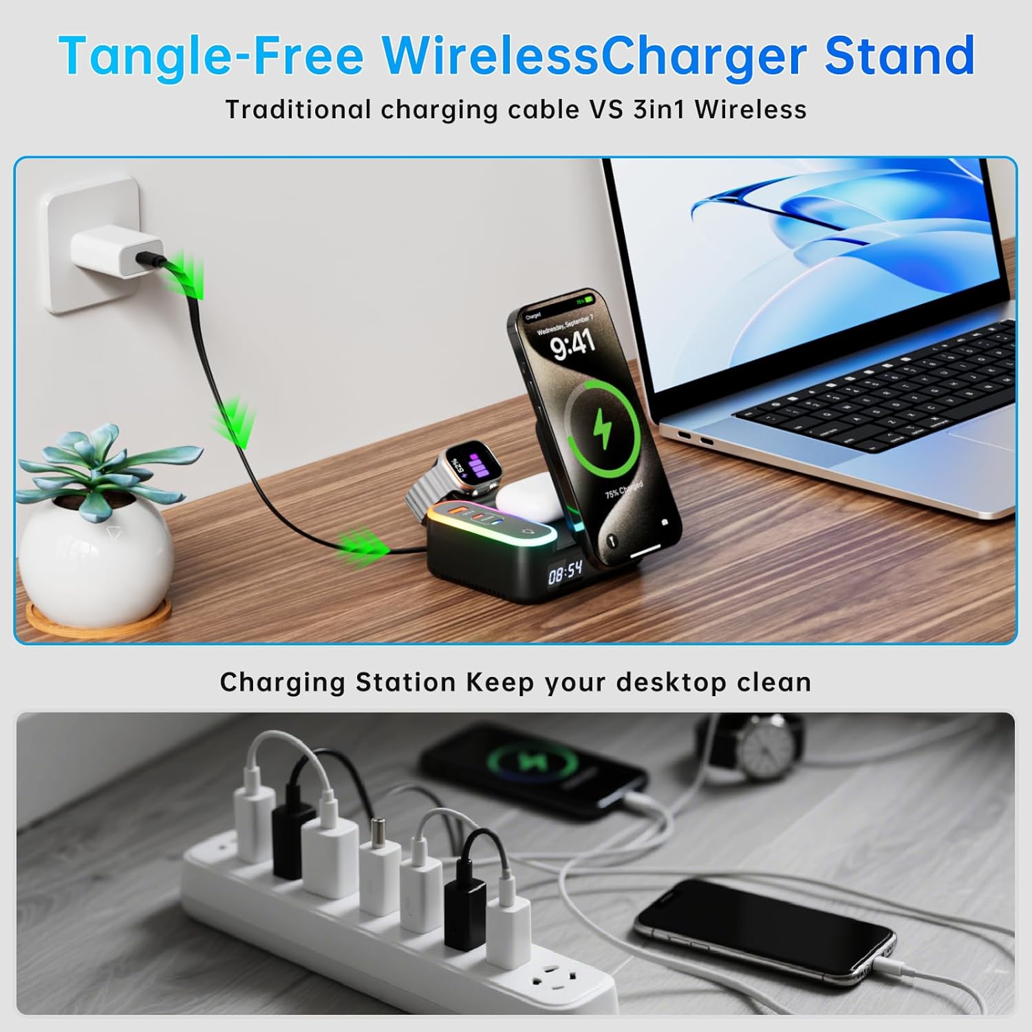 Qi2 Wireless Charger 8in1 Magnetic Wireless Charger Fast Charging Station for iPhone, 65W Fast Foldable Charger with LED Clock, USB-C/A Ports, Multi-Device Charging, Travel charged, MagSafe Compatible