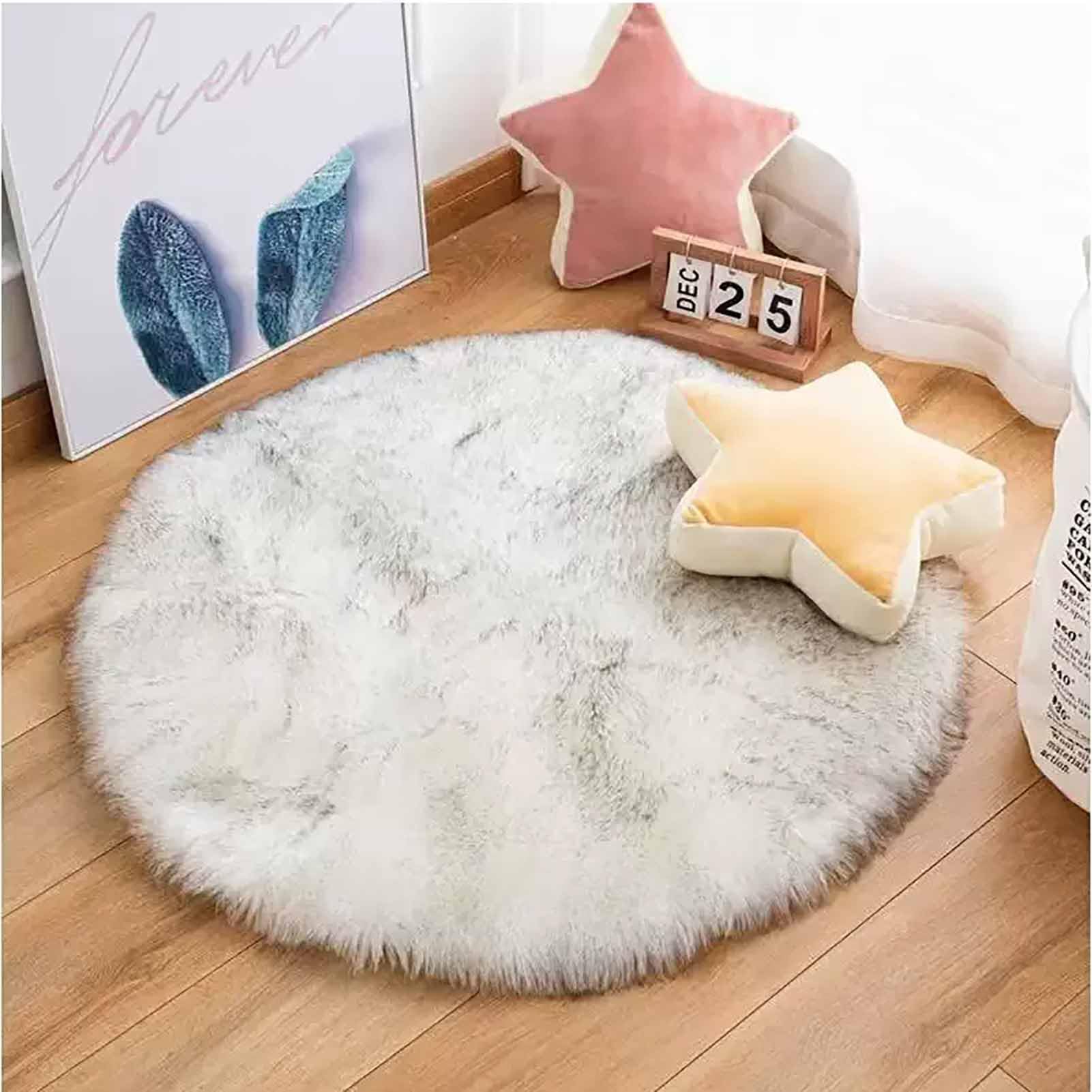 Tapis salon rond poils courts antidérapant fausse fourrure lavable en machine