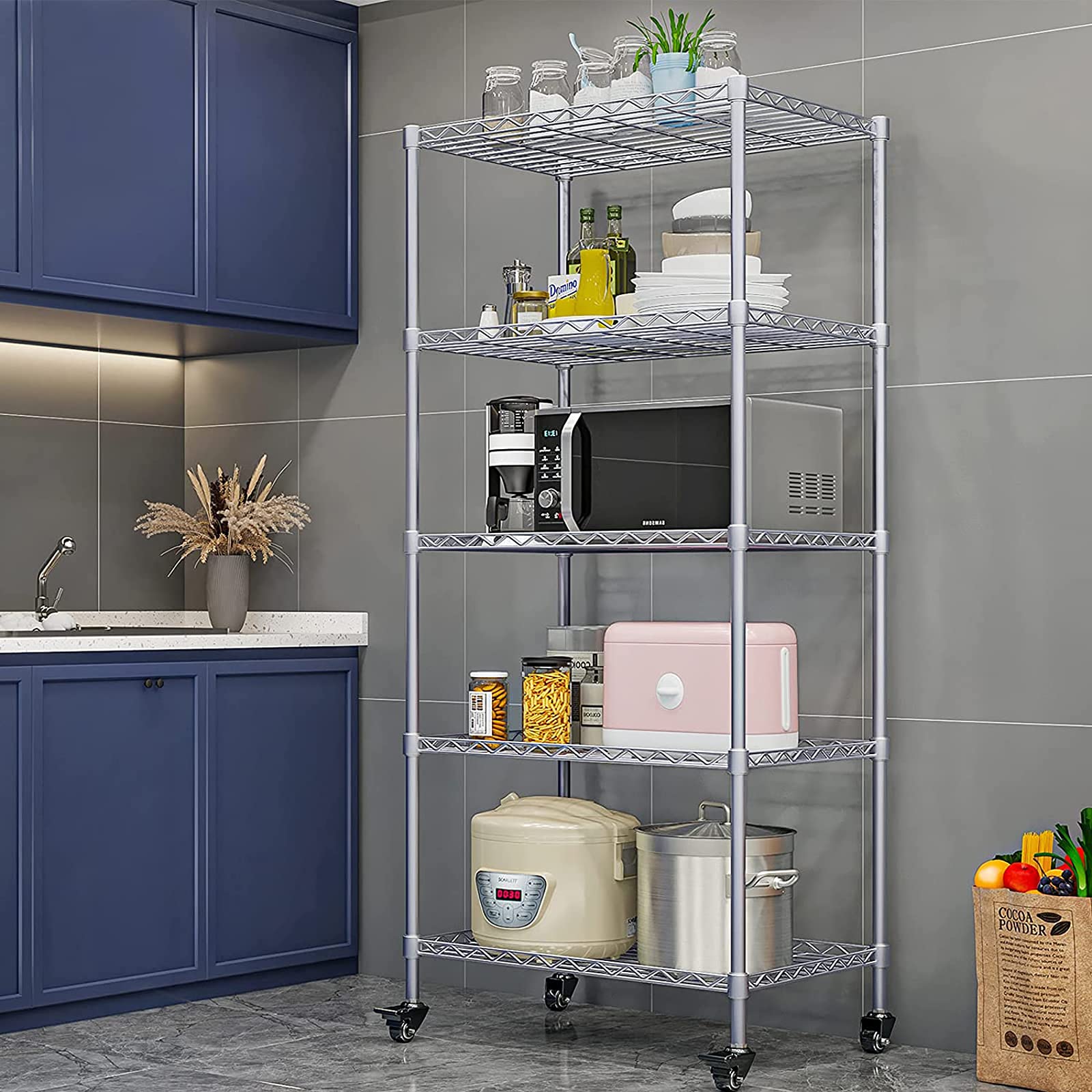 SUOERNUO 5-Shelf Shelving Storage Unit on Wheel Casters Metal Organizer Wire Rack for Home Office Kitchen Bathroom Organization 30Lx14Wx62.5H (5-Shelf Silver)