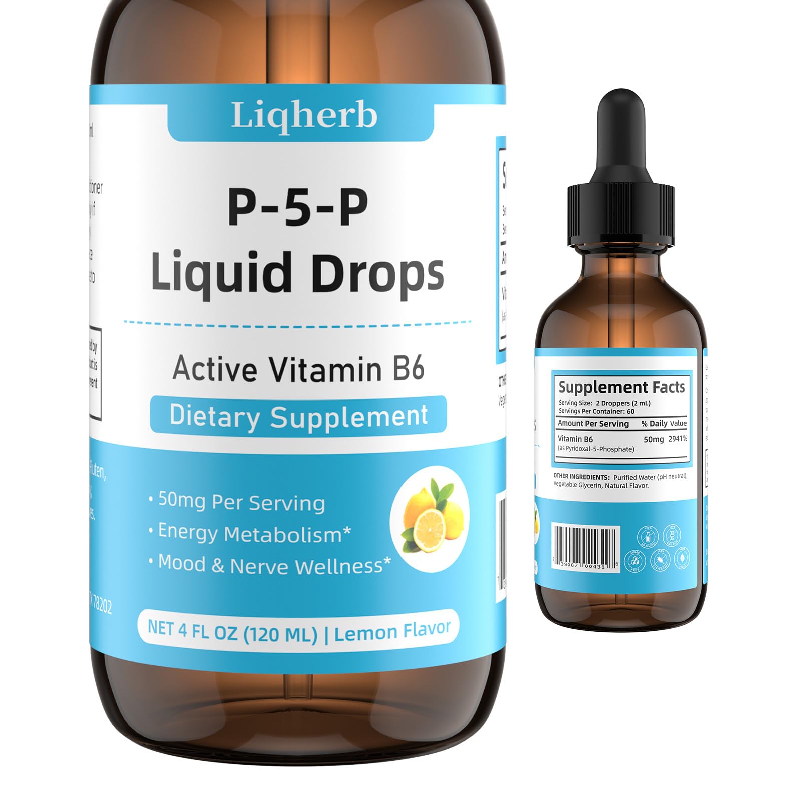 P-5-P Liquid Drops 50mg, P5P Vitamin B6 (Pyridoxal-5-Phosphate), Supports Energy Metabolism, Mood & Nerve Wellness, Fast Absorption Formula, Lemon Flavor, Vegan Non-GMO, 4 Fl Oz