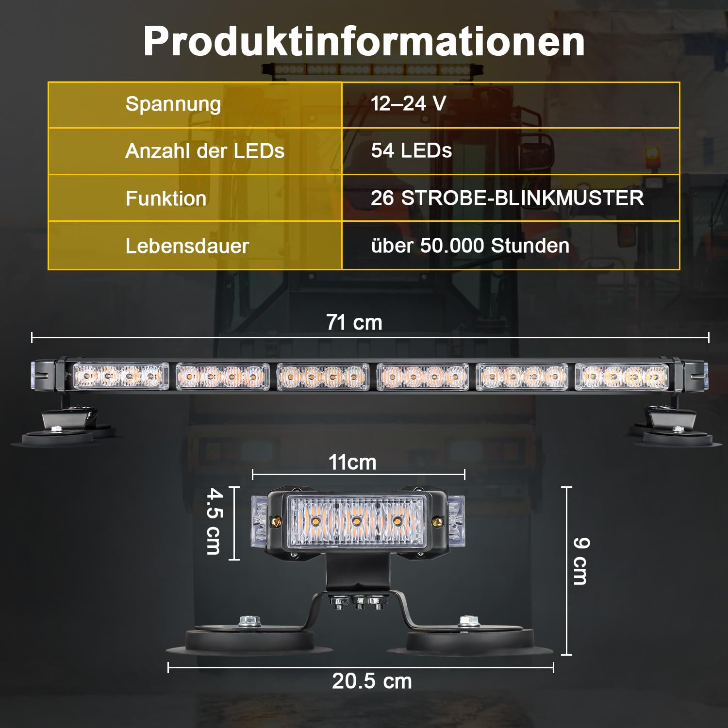 LED Warnbalken Rundumleuchte 12V 24V Magnet Gelb 71 cm | 4,8 m Kabel, 26 Modus-Speicher, Gummisaugfüße bis 120 km/h, für Traktor und Baufahrzeuge