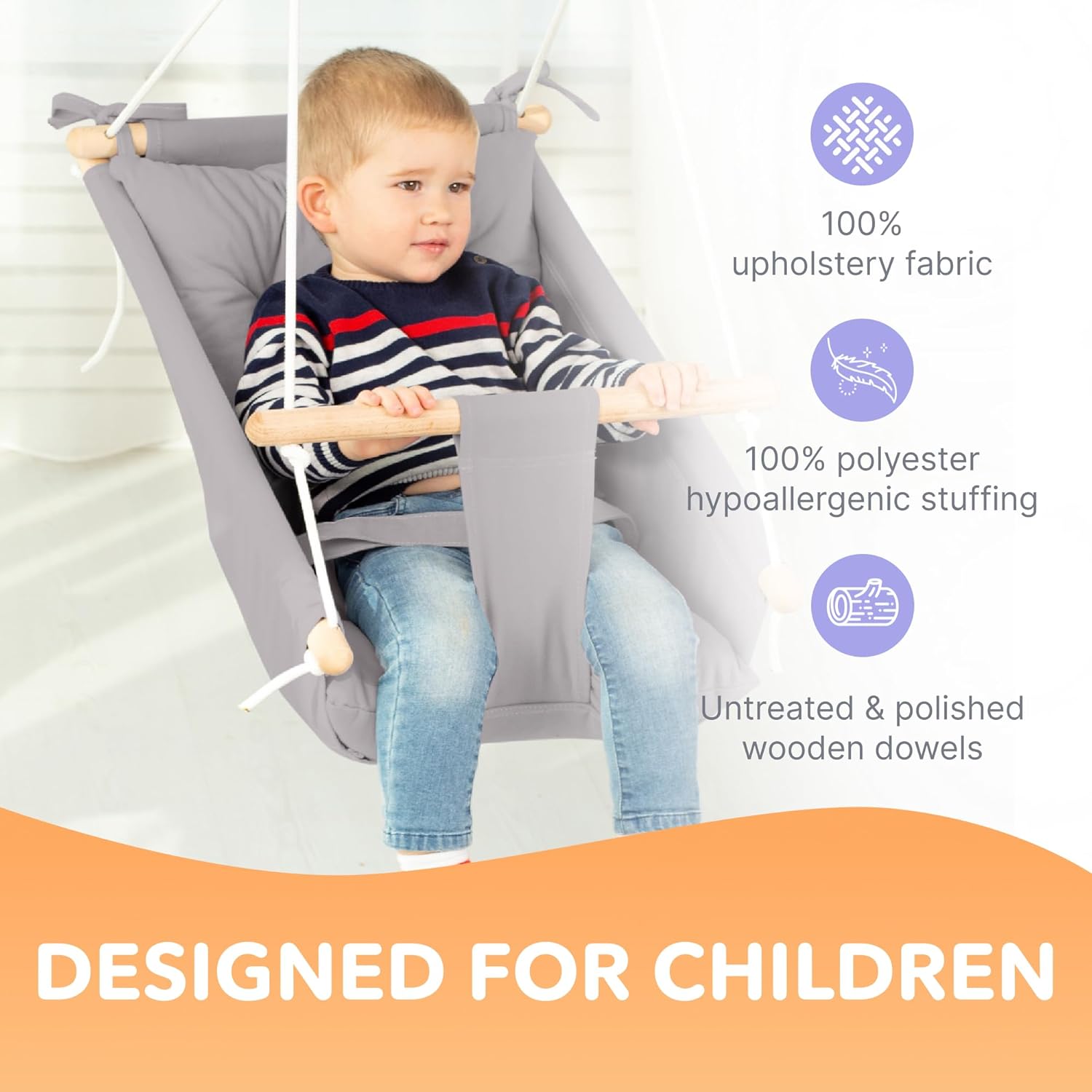 CaTeam Canvas Toddler Swing – Indoor/Outdoor Hanging Chair for Patio & Playroom with Safety Belt – Wooden Baby Seat for Ages 18+ Months – Taupe Gray