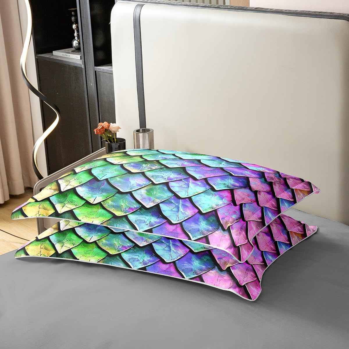 Feelyou Dragon Scale Bedding Duvet Cover 100% Cotton Set Queen Size Wild Animal Skin Bedding Set Glitter Psychedelic Animal Comforter Cover Set Wild Safari Theme Purple Green Bedspread Cover
