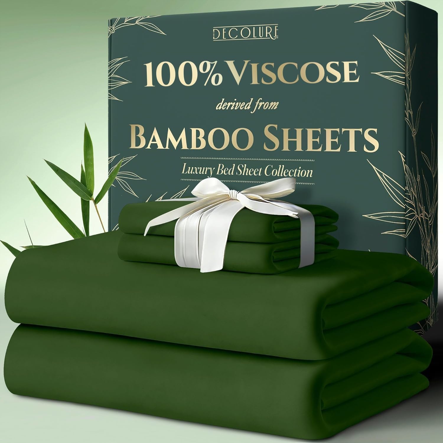 DECOLURE 100% Viscose Derived from Bamboo Sheets Twin Size 4pcs - Ultra Soft & Luxuriously Cooling, 17" Deep Pocket, Double Stitching, Perfect for Hot Sleepers - Twin Bed Sheets (Olive)