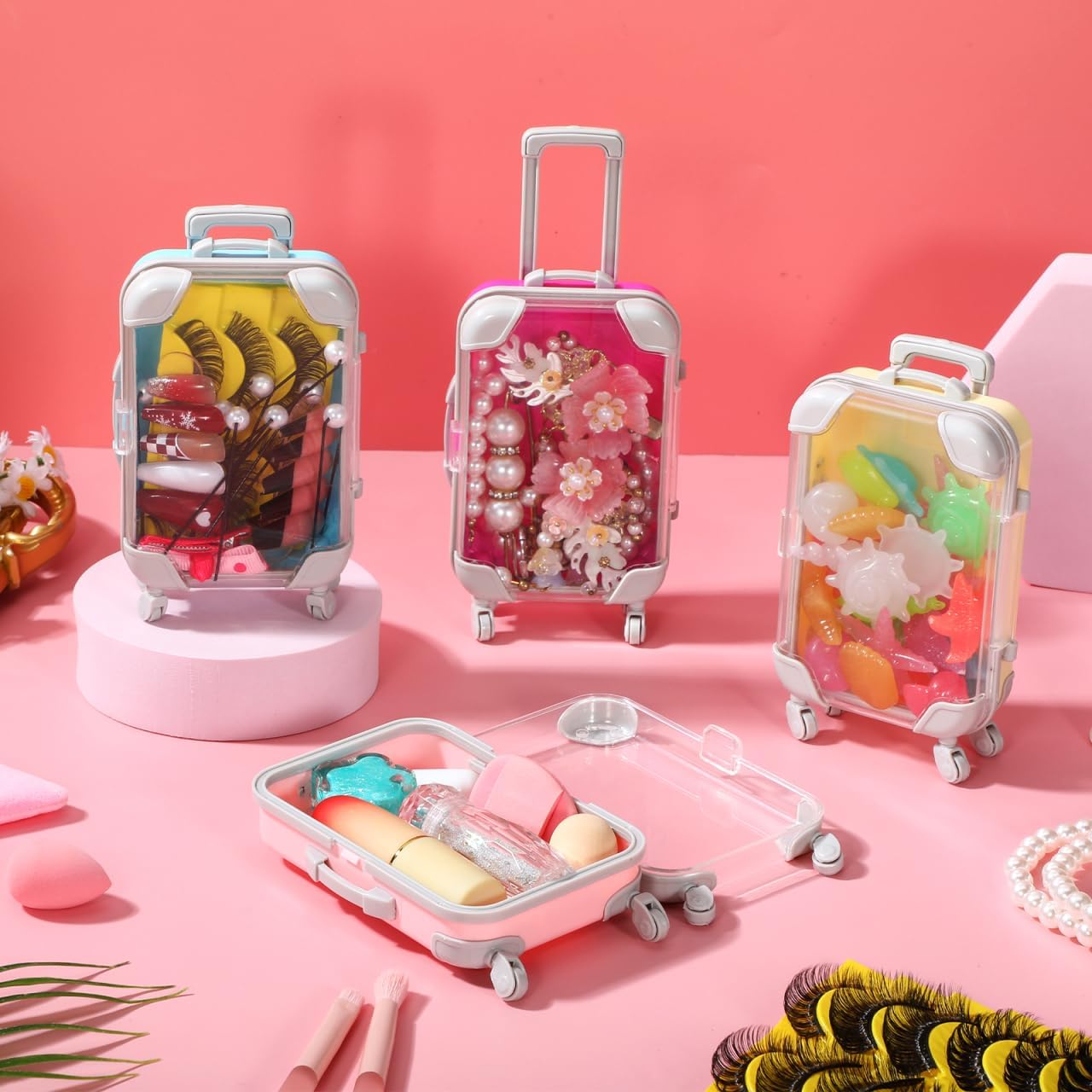 VICASKY 4PCS Mini Suitcase Boxes, Plastic Suitcase Candy Box False Eyelash Storage Cosmetic Case Travel Luggage Organizer for Candy Makeup Jewelry Birthday Wedding Party Favor