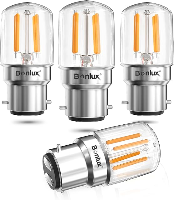Bonlux 4W B22 LED Pygmy Bulb, Night Light Bulbs Bayonet Fitting BC Clear Bulb 240V 25W Pygmy Bulb Replacement Warm White 2700K for Sewing Machine Bulb, Appliance Lamps (4-Pack)