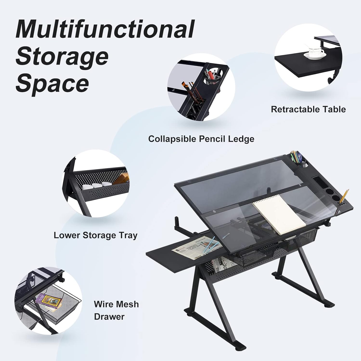 Height Adjustable Drafting Tables, Glass Drawing Art Table, Tilting Tabletop Paintings Work Station Artist Table Chair Chair-2 Storage Drawer for Reading Writing Art Craft Work Station (Black)