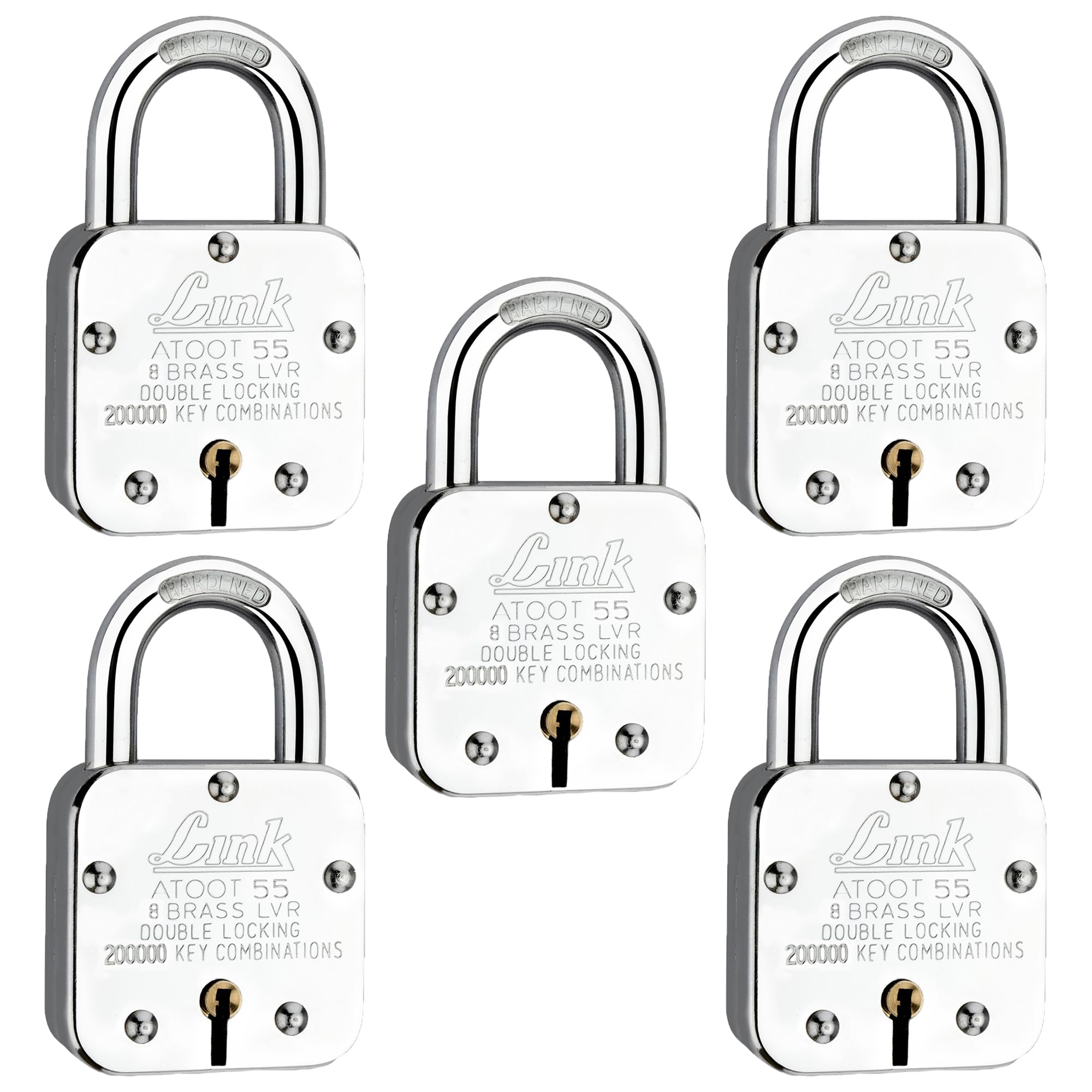 Link Atoot 55mm Padlocks 5Pcs Set | 2 Lakhs Key Combinatiosn | Steel Body | Hardened Shackle | 8 Brass Levers | Made in India | 3 Keys for Each Padlock