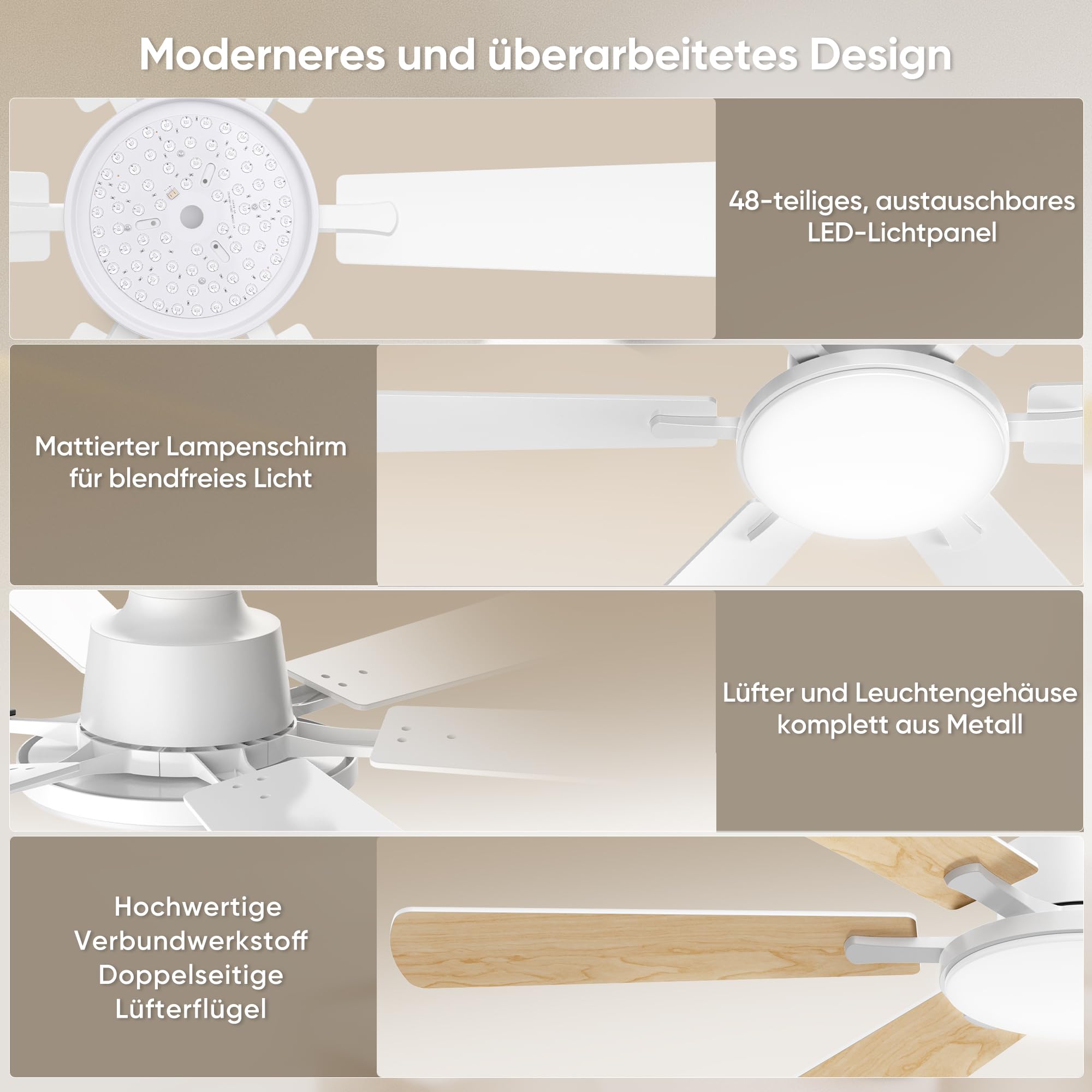 Deckenventilator mit Beleuchtung 132cm 6 Blätter Deckenventilator mit Fernbedienung 6 Gänge Ultraleiser Reversibler Gleichstrommotor 3CCT Dimmbare LED Doppelseitige Flügeln für Schlafzimmer (Weiß)