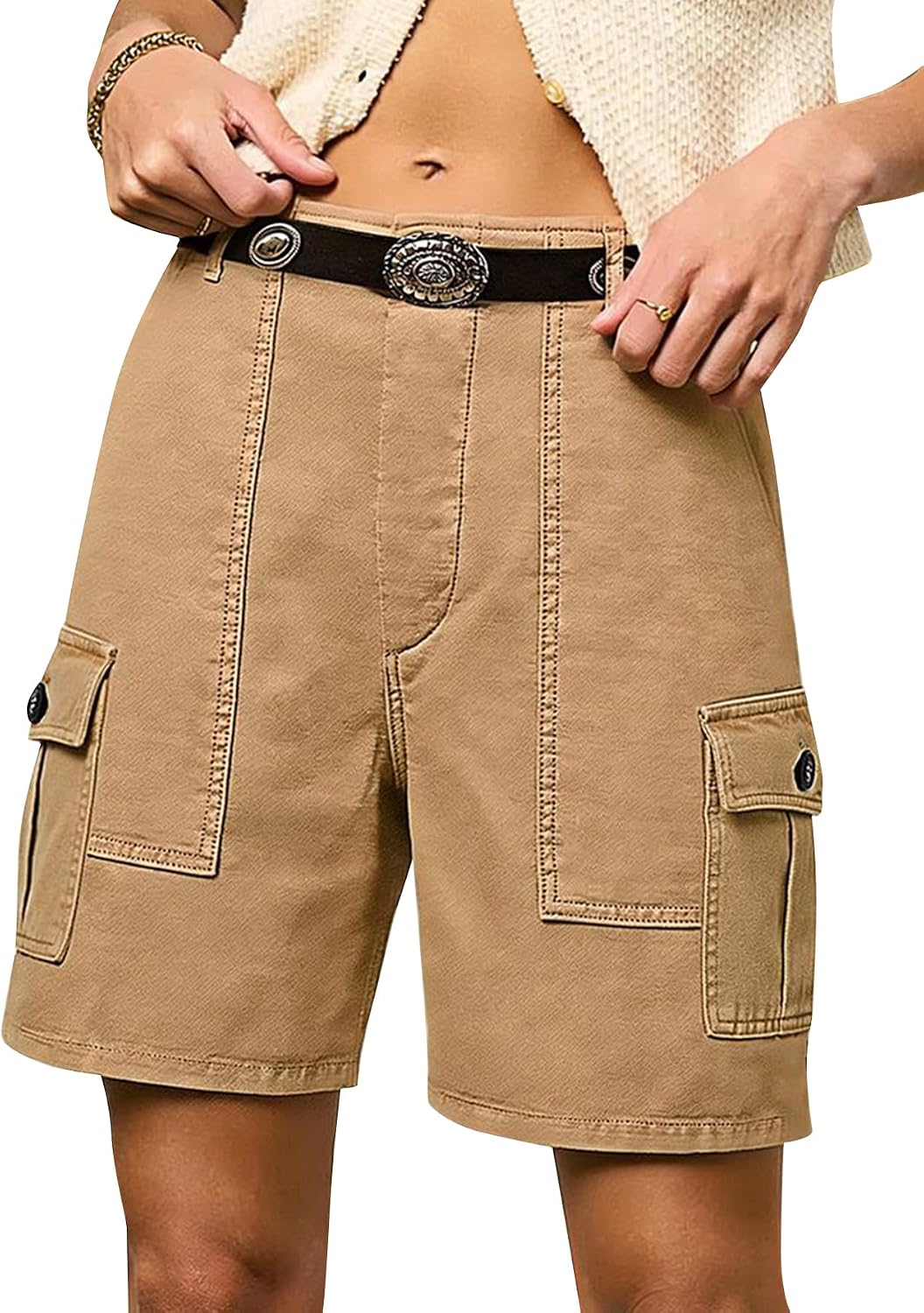Flamingals Straight Leg Mid Thigh Shorts for Women Mid Rise Solid Flap Pocket Casual Denim Shorts