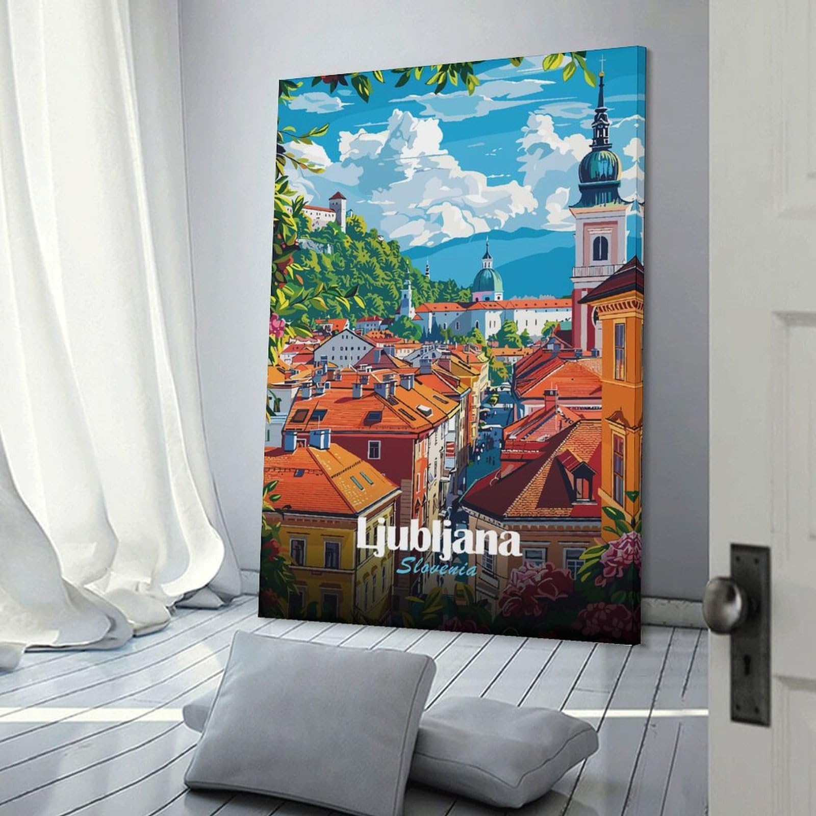 Junmoney Ljubljana, Slovenia Cityscape Illustration Canvas Wall Picture 08x12inch(20x30cm), for Living Room, Bedroom Or Apartment Walls, Modern Wall Decor for Cosy Interiors