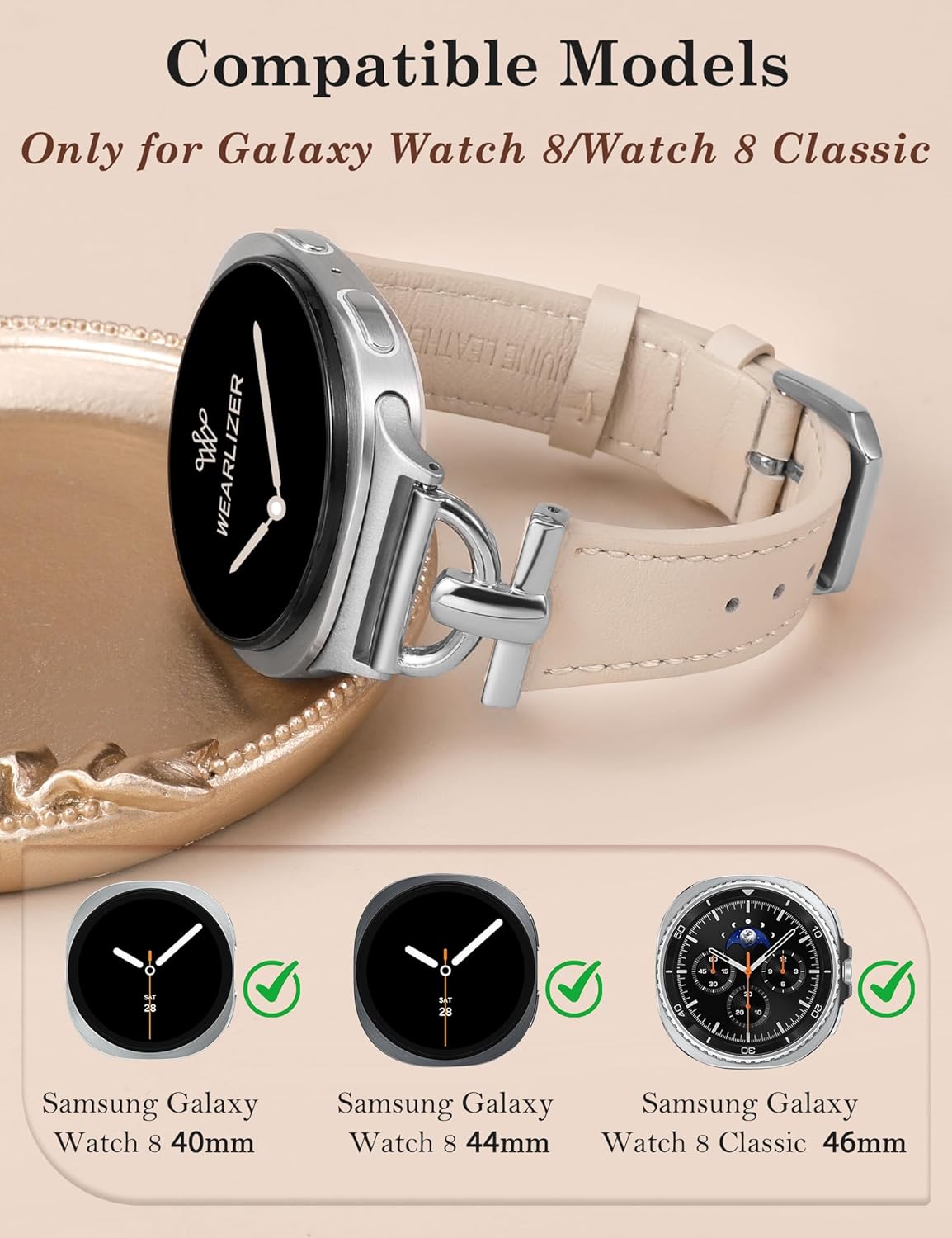 Wearlizer Leather Bands Compatible with Samsung Galaxy Watch 8 Band 40mm 44mm/Watch 8 Classic 46mm, Dressy Designer Slim Leather Strap Wristband Accessories with D-Shape Metal Buckle for Women - Image 2