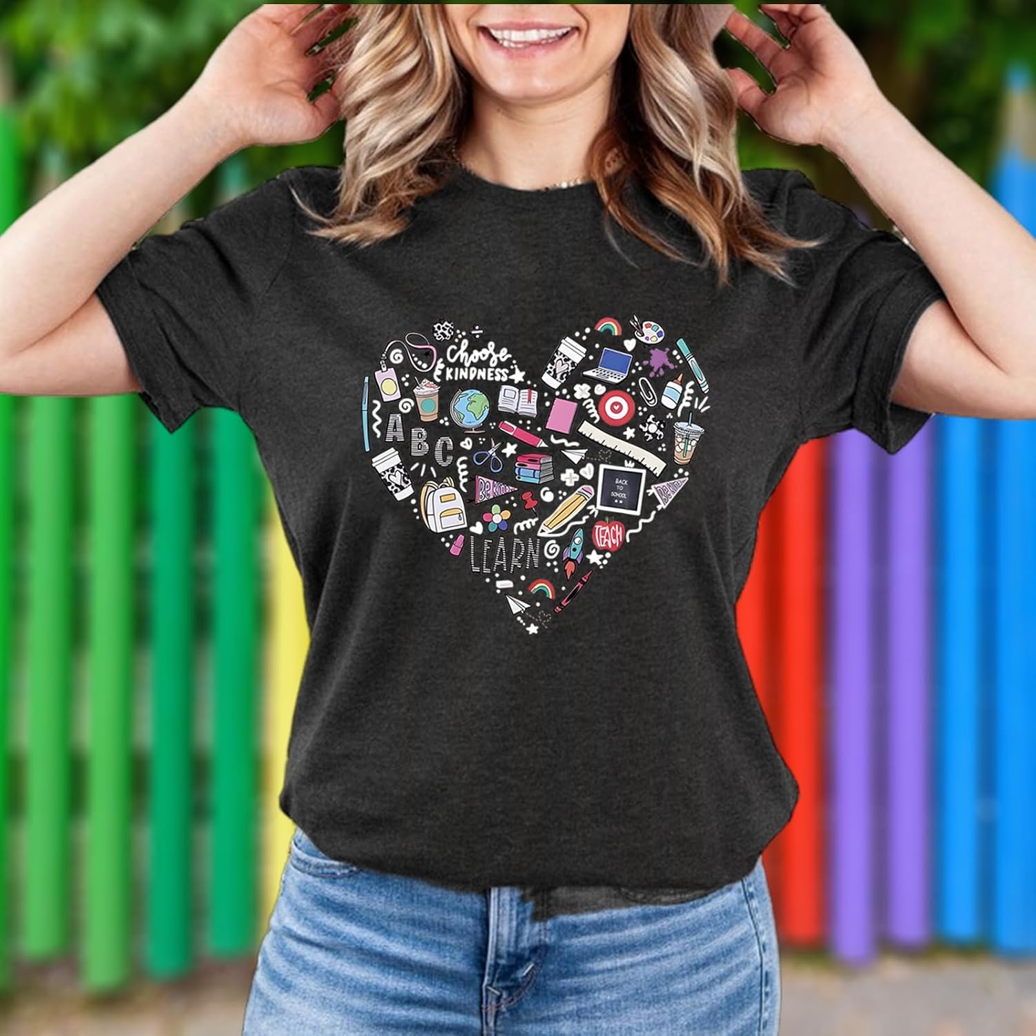 Teacher Shirt Women Teaching T-Shirt Funny Heart Graphic Tee Top Cute Kindergarten Teachers T-Shirt - Image 4