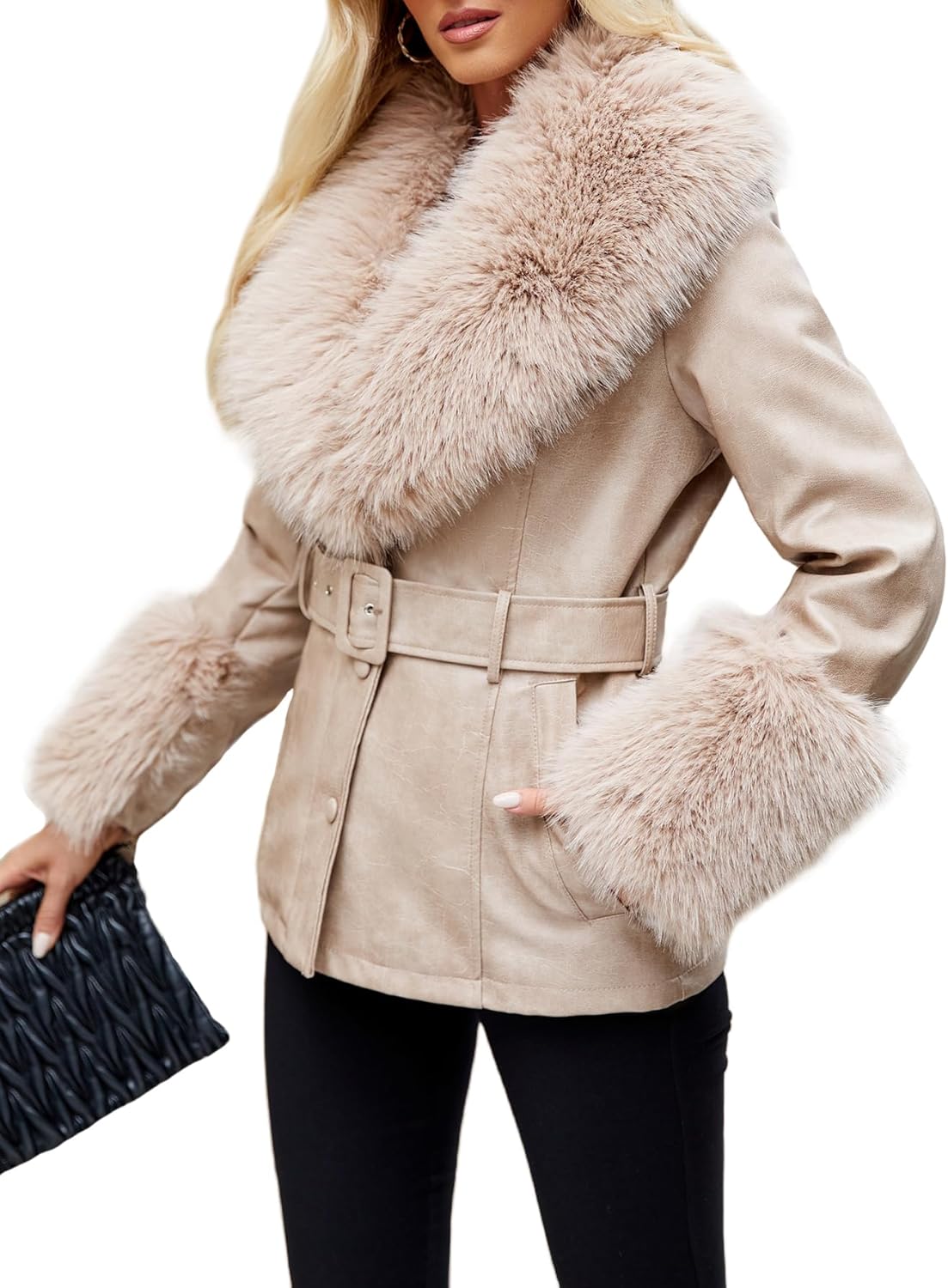 Bellivera Women Faux Leather Jacket Winter Long Sleeve Zip Belt Coat with Fur Collar