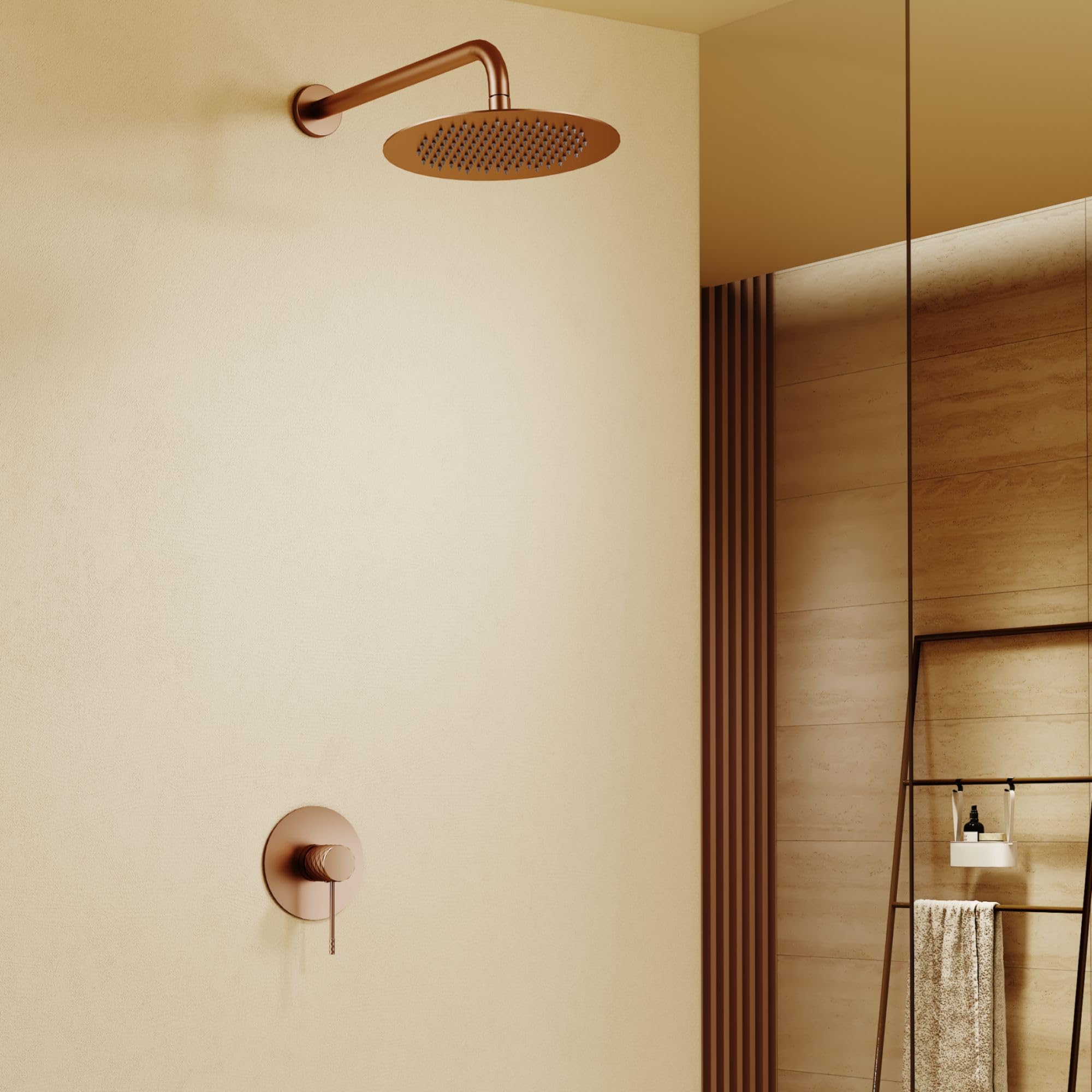 IMEX - Ducha Empotrada Oro Rosa Monomando | Conjunto de Grifería Empotrado con Rociador Antical Efecto Lluvia Cobre | Columna Ducha Empotrada con Grifo en Latón y Acero Inox S.304 (SIN ALCACHOFA)