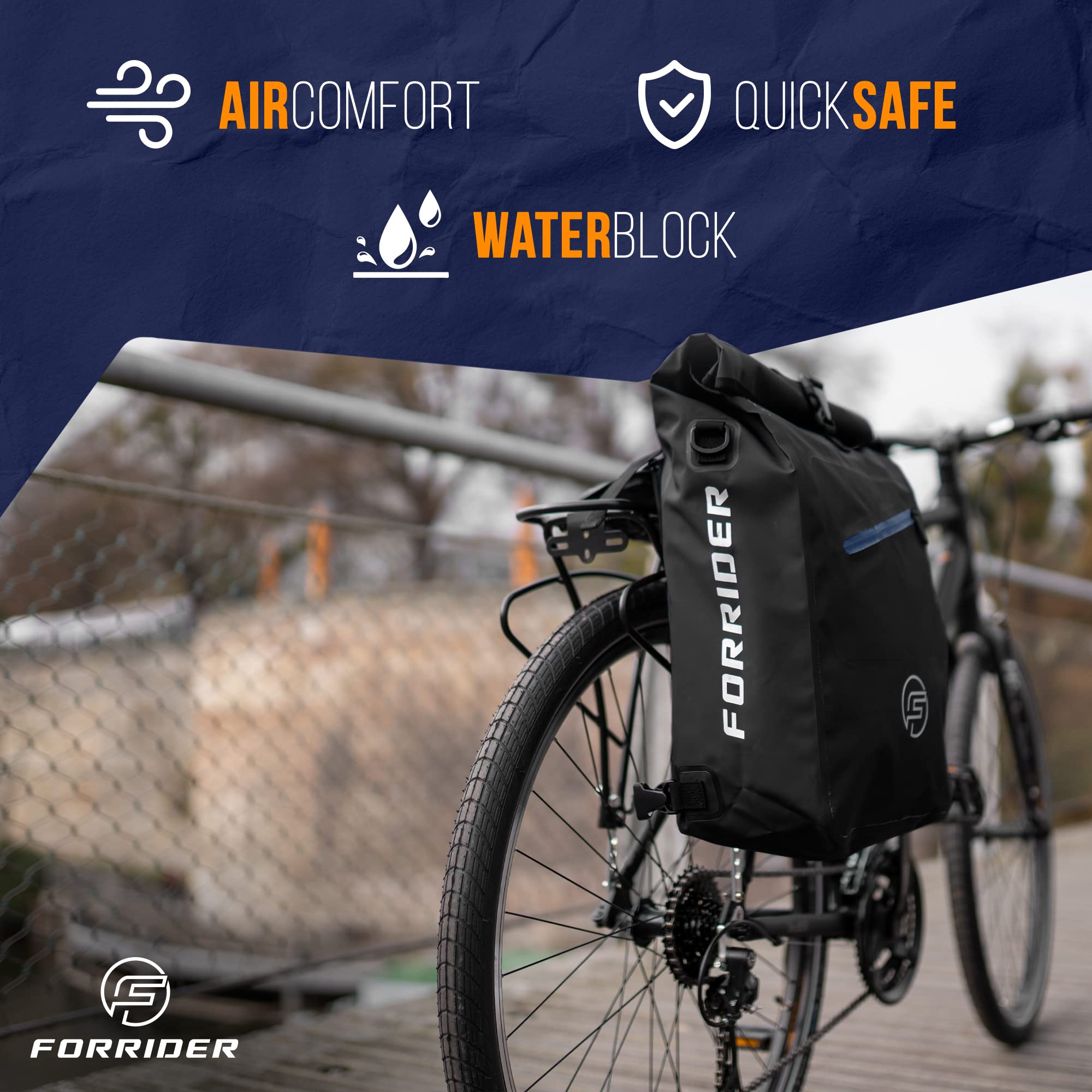 Forrider 3in1 Fahrradtasche für Gepäckträger mit Rucksack Wasserdicht 27L I Gepäckträgertasche Reflektierend I Fahrradtasche Rucksack | Fahrradrucksack für Gepäckträger mit Laptopfach (schwarz)