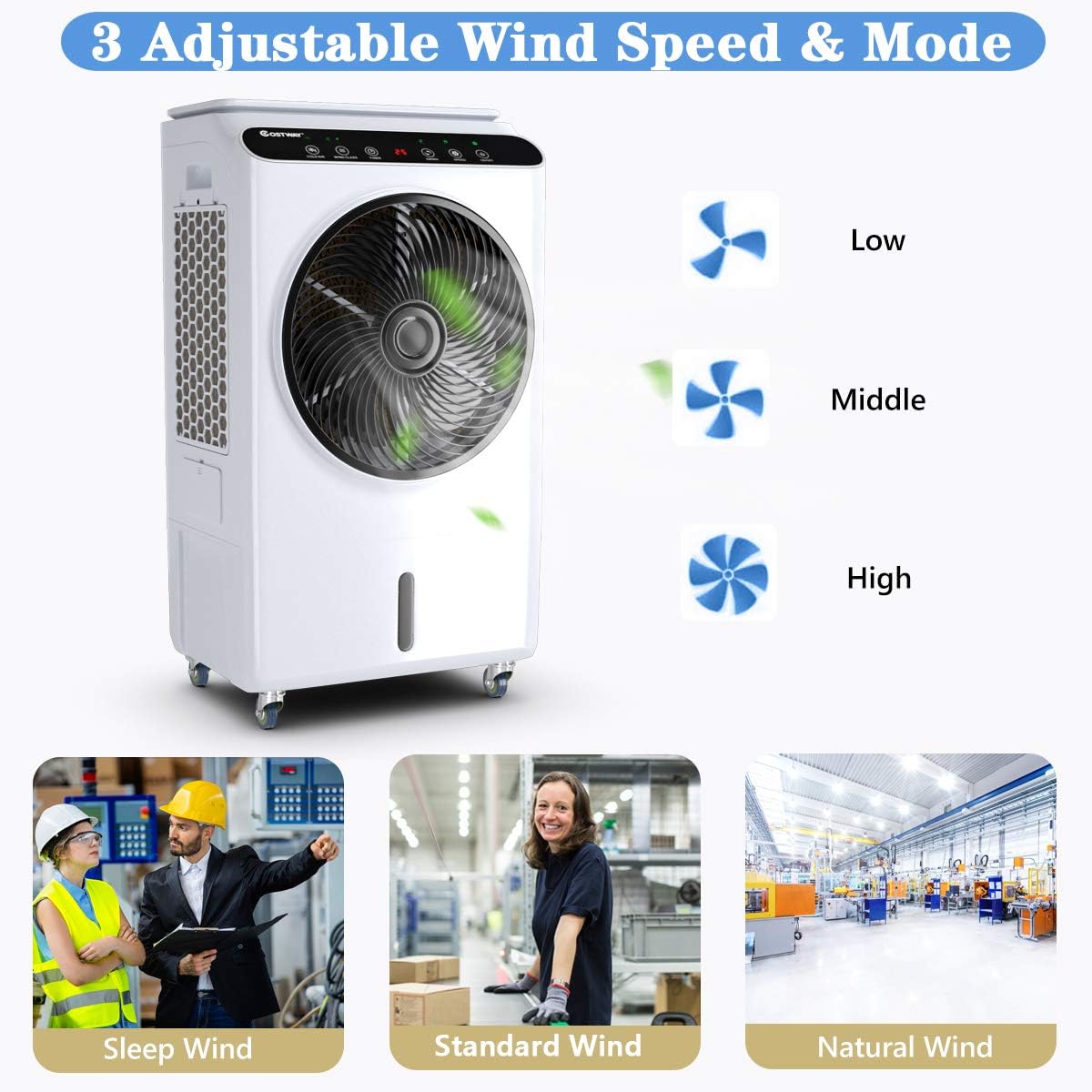Diagram illustrating three adjustable wind speeds (Low, Middle, High) and three wind modes (Sleep Wind, Standard Wind, Natural Wind) with corresponding icons.
